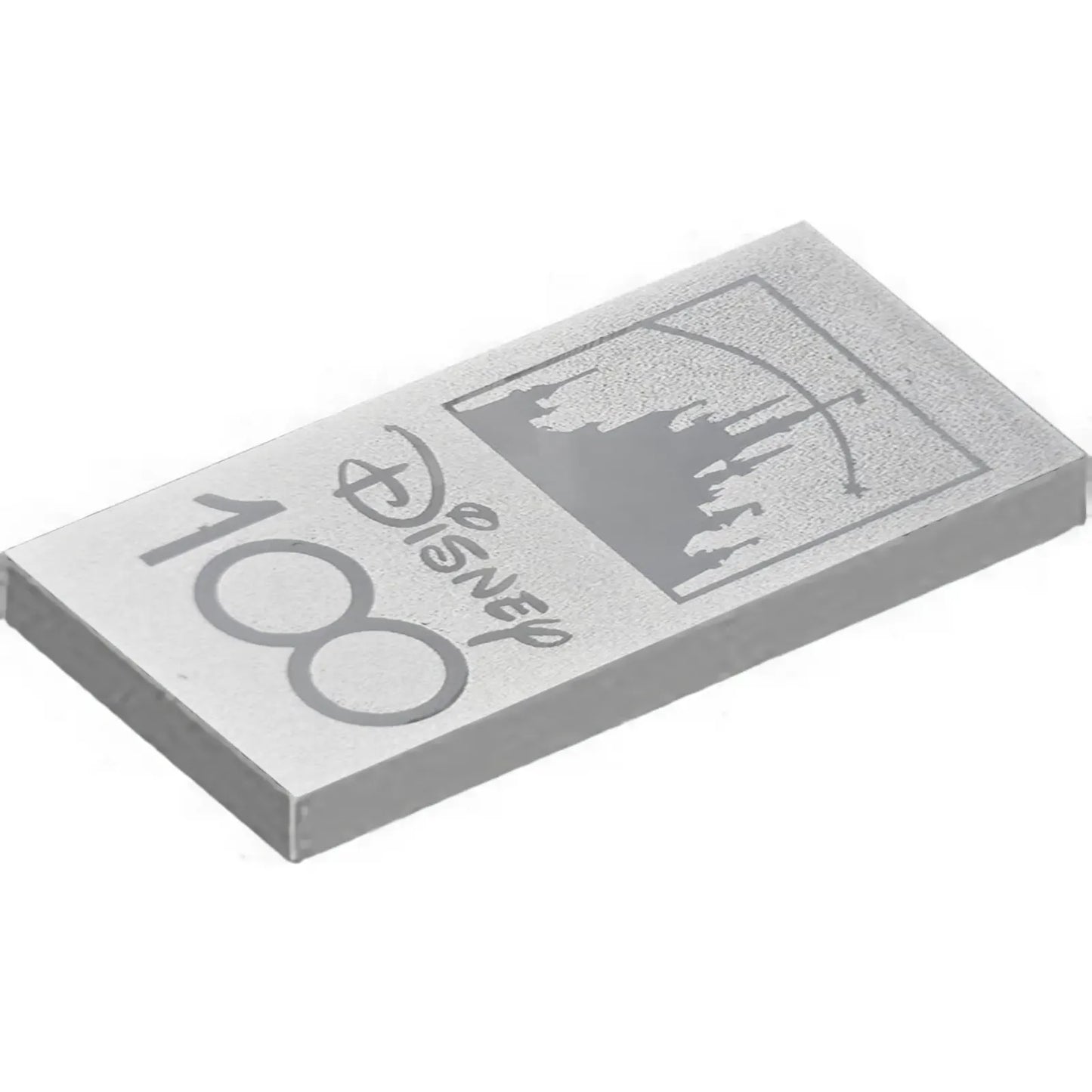 Part 87079pb1278 - Tile 2 x 4 with White 'Disney 100' and Disney Castle Silhouette on Silver Background Pattern