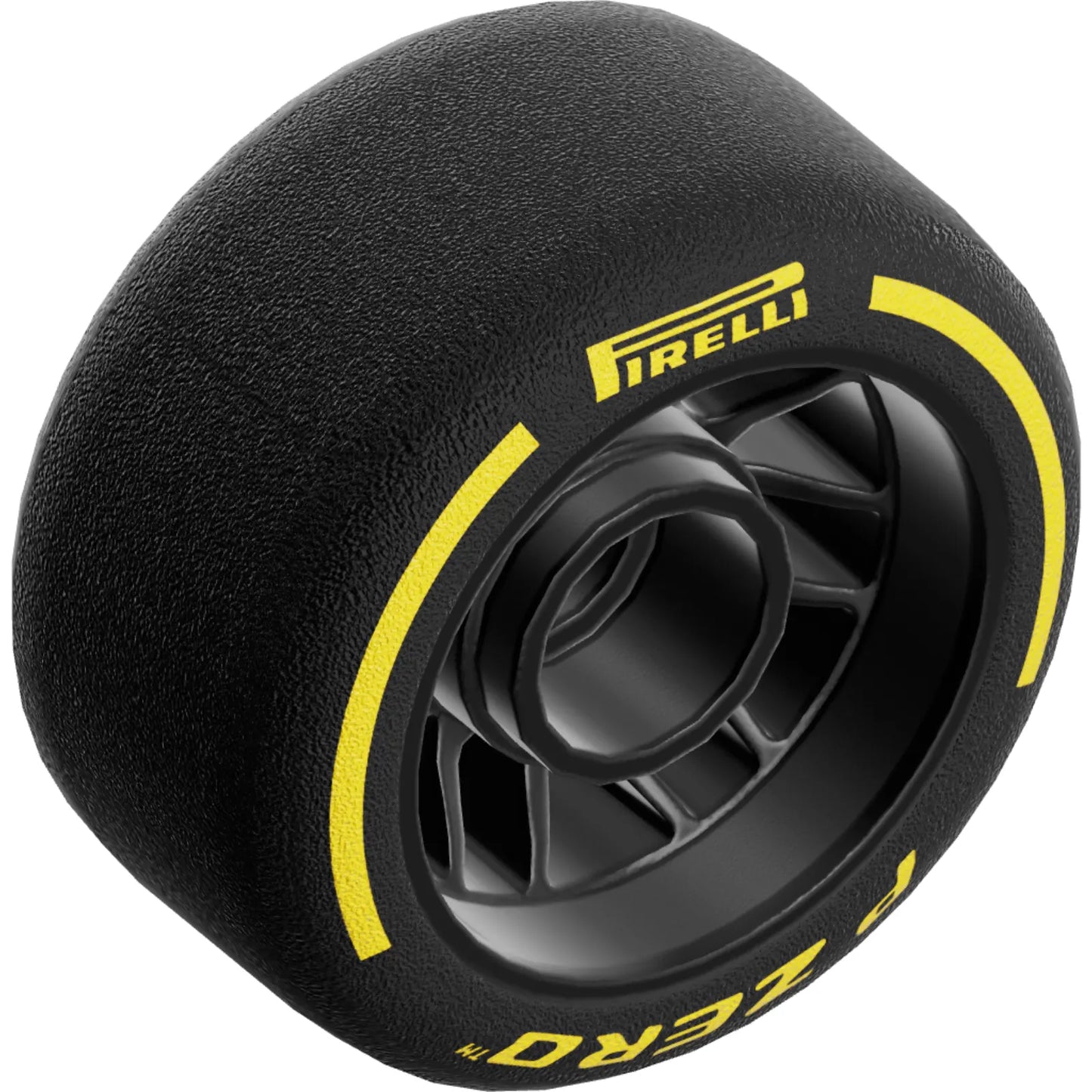 Part 105162pb02 - Wheel 24 x 13.4 with Pin Hole with Molded Black Hard Rubber Tire and Printed Yellow 'PIRELLI', 'P ZERO' and Arcs Pattern