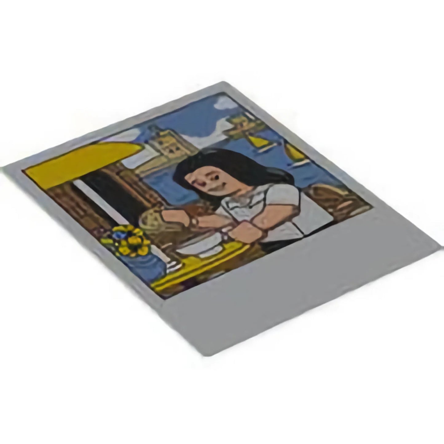 Teil 106269 – Polaroid-Foto aus Kunststoff mit Minifigur mit weißem Hemd und schwarzen Haaren, Straßencafé, Wasser und Schloss und schwarzem Quadrat auf dem Muster auf der Rückseite