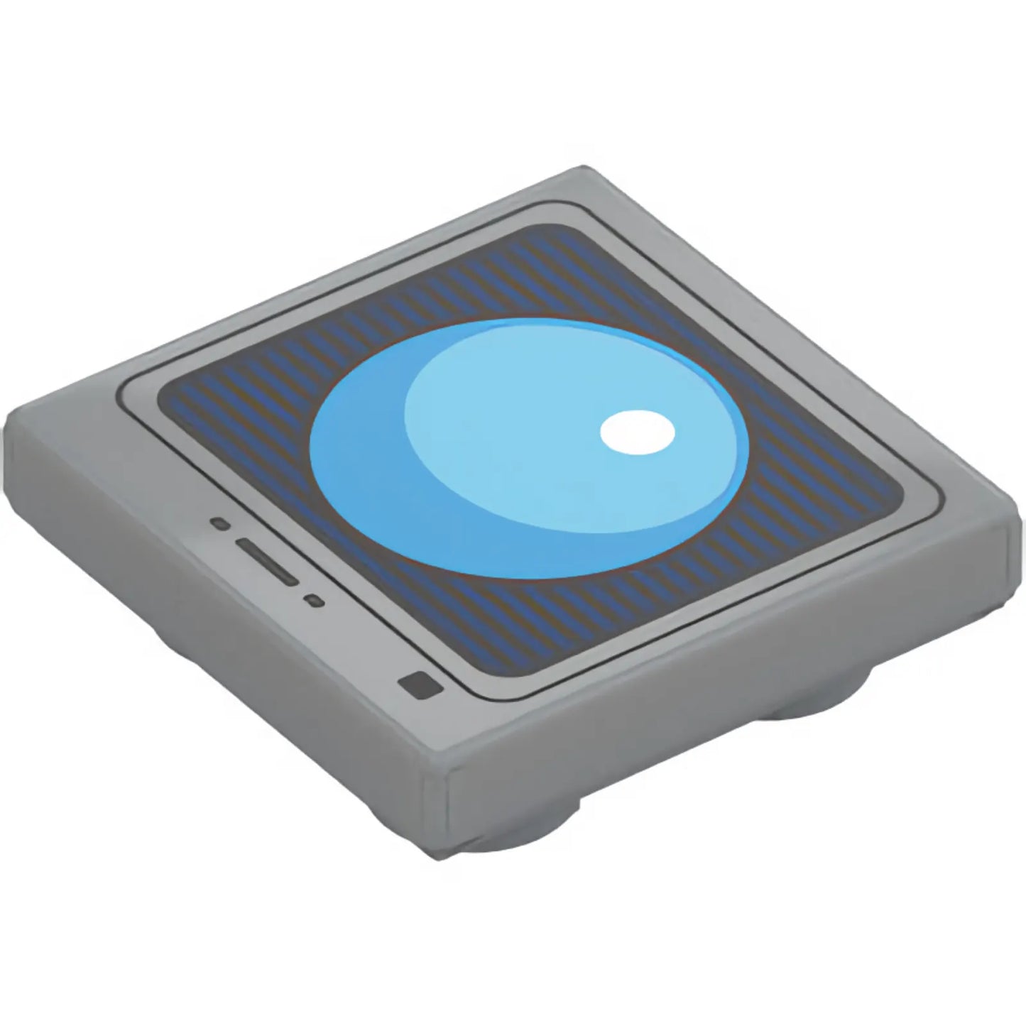 Part 11203pb118 - Tile, Modified 2 x 2 Inverted with Medium Azure and Dark Azure Sphere on Black and Dark Blue Striped Screen with Buttons Pattern (Sonic the Hedgehog Shield Item Box)