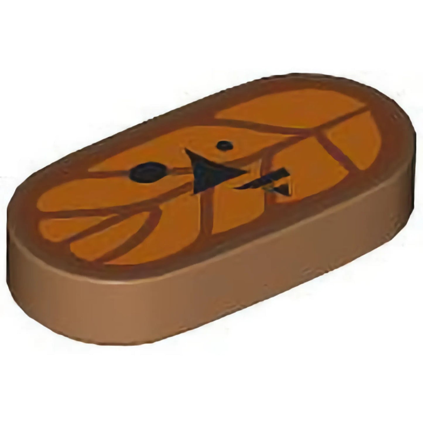 Part 1126pb006 - Tile, Round 1 x 2 Oval with Orange and Dark Orange Leaf with Black Eyes, Nose and Mouth Pattern (The Legend of Zelda Korok Hollo Face)