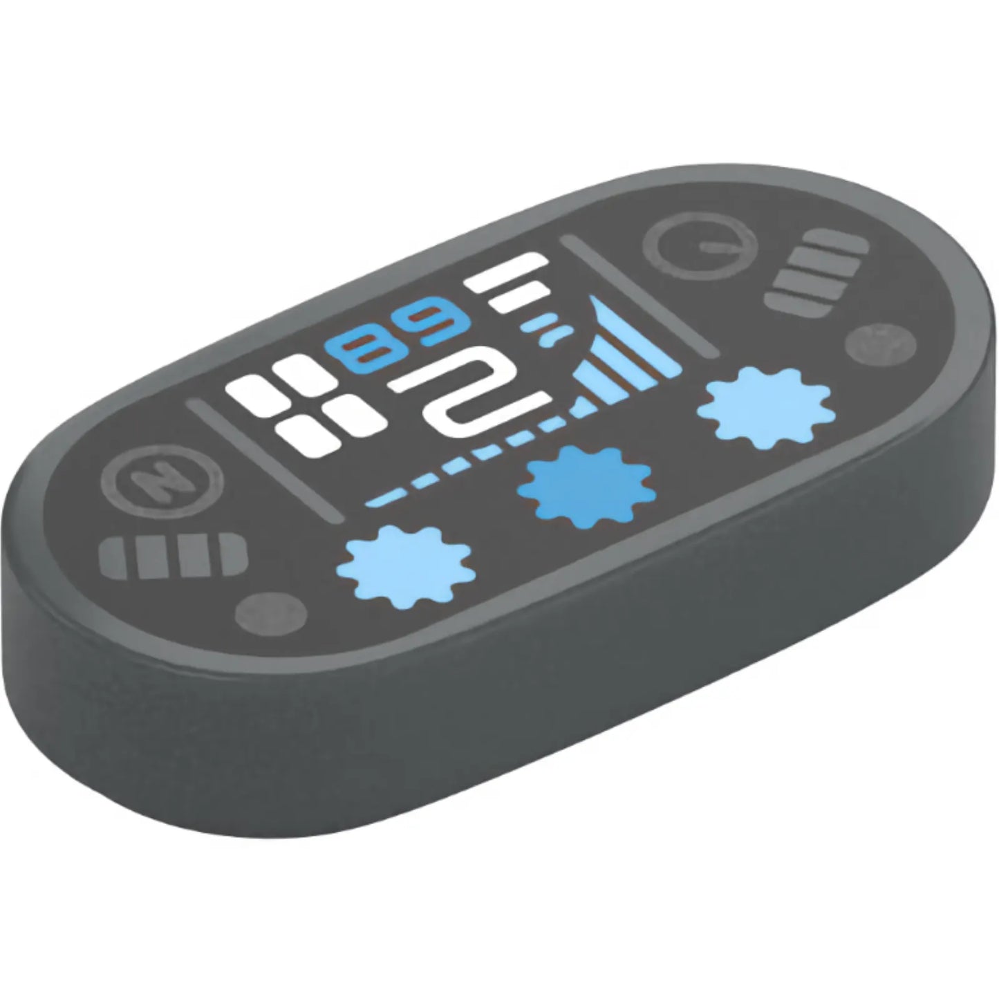 Part 1126pb008 - Tile, Round 1 x 2 Oval with Dashboard with Dark Azure '89' / '68', White Number 2, Silver Capital Letter N in Circle, Dots and Gauge, Bright Light Blue Bar Graph and Lights on Black Background Pattern