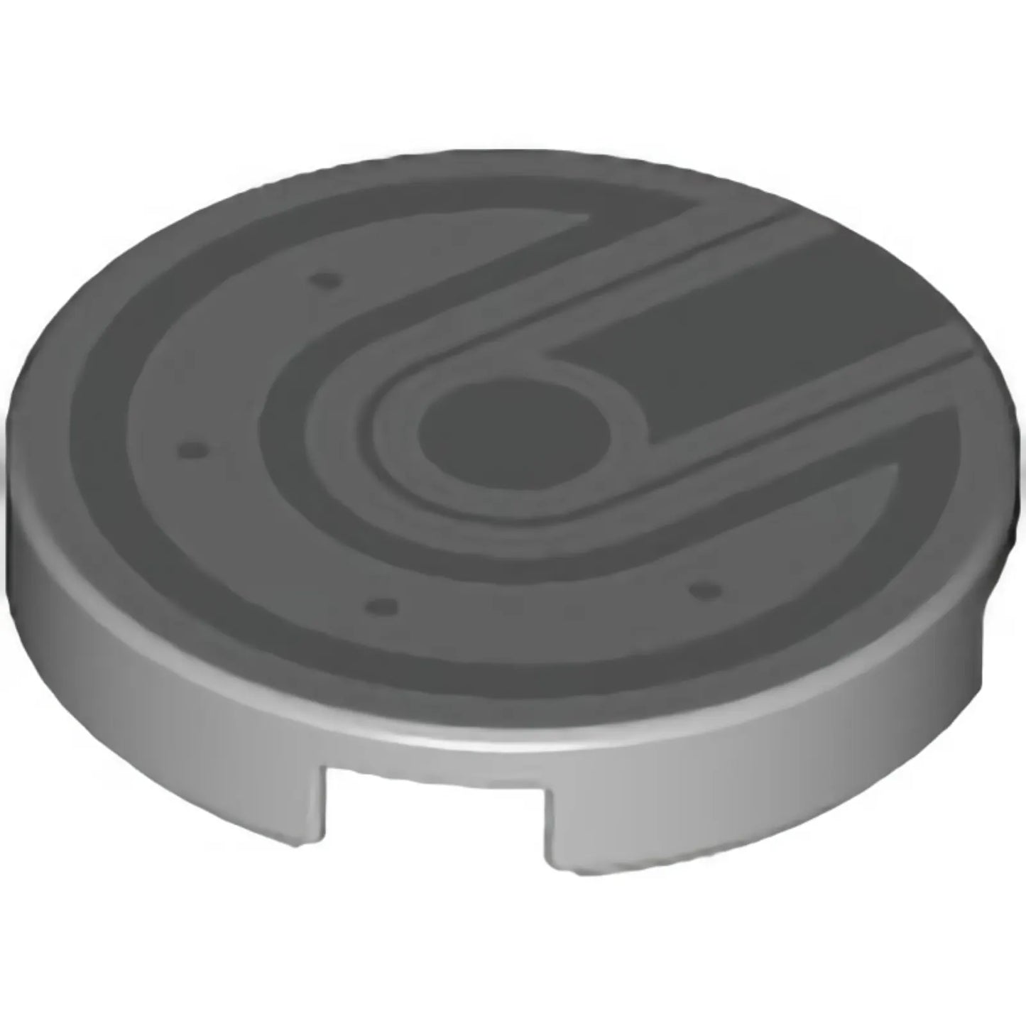 Part 14769pb226 - Tile, Round 2 x 2 with Bottom Stud Holder with Silver Lines, Bolts/Dots Pattern