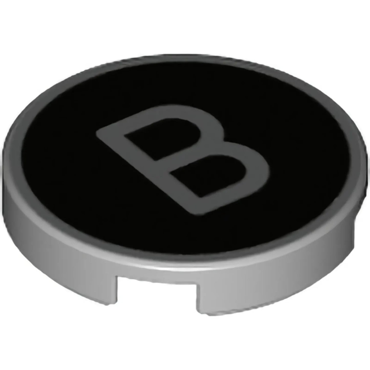 Part 14769pb423 - Tile, Round 2 x 2 with Bottom Stud Holder with Silver Capital Letter B on Black Background Pattern