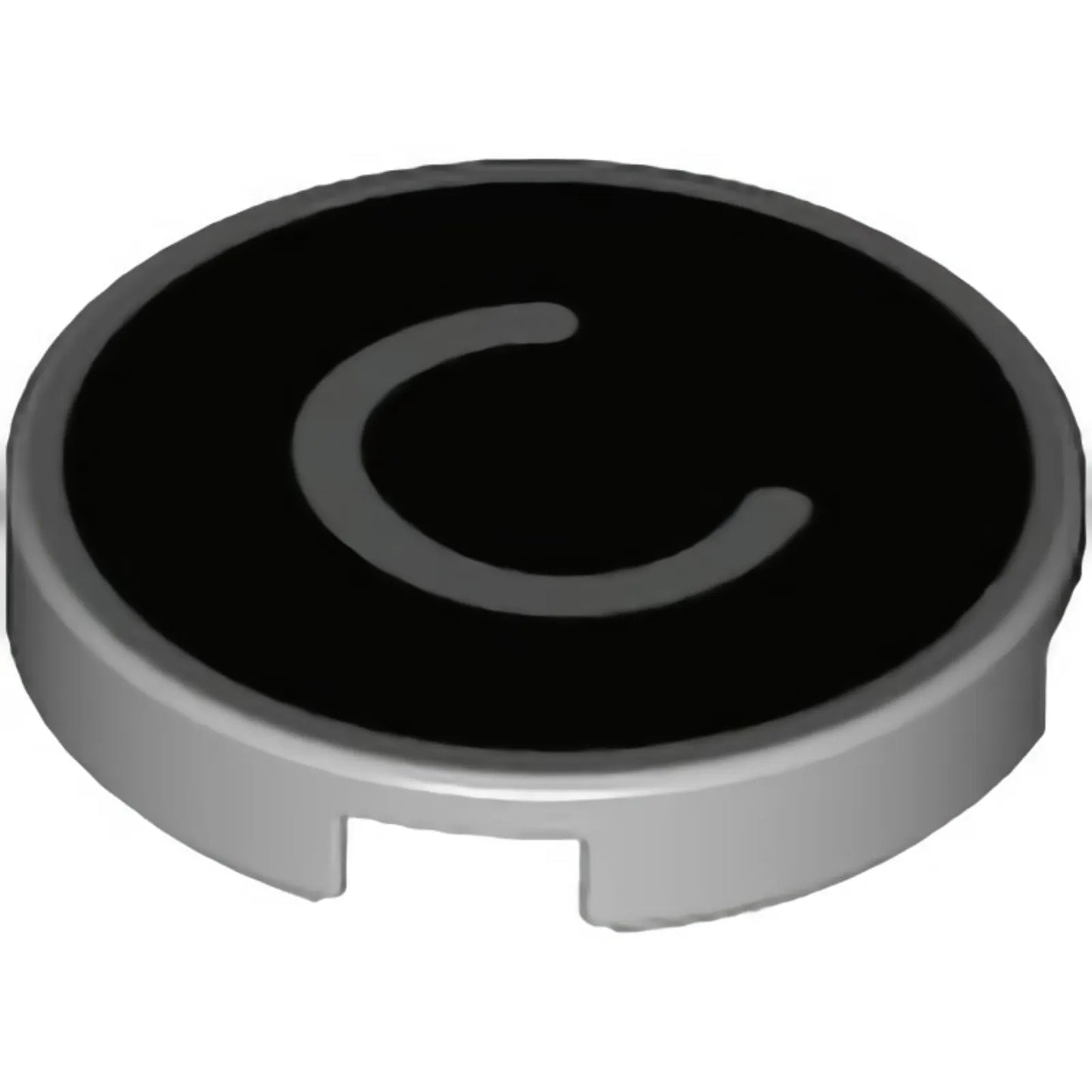 Part 14769pb424 - Tile, Round 2 x 2 with Bottom Stud Holder with Silver Capital Letter C on Black Background Pattern
