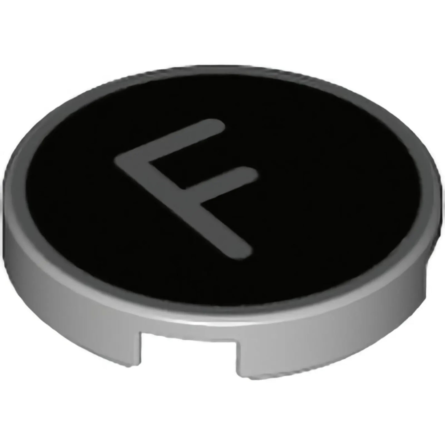 Part 14769pb427 - Tile, Round 2 x 2 with Bottom Stud Holder with Silver Capital Letter F on Black Background Pattern