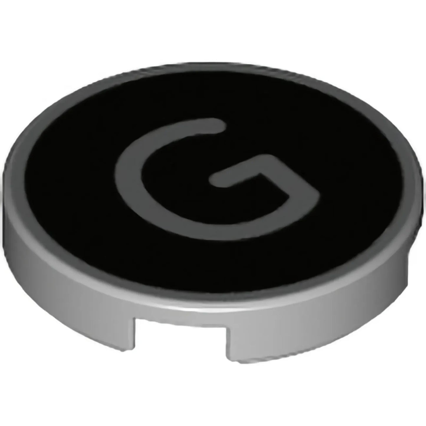 Part 14769pb428 - Tile, Round 2 x 2 with Bottom Stud Holder with Silver Capital Letter G on Black Background Pattern