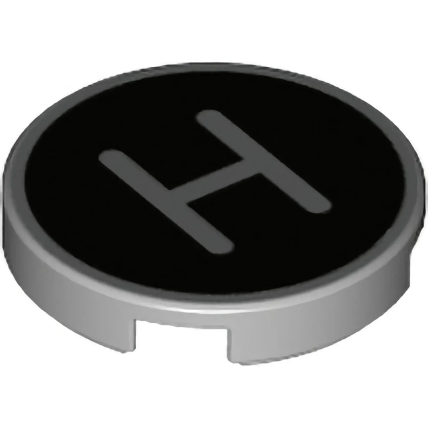 Part 14769pb429 - Tile, Round 2 x 2 with Bottom Stud Holder with Silver Capital Letter H on Black Background Pattern