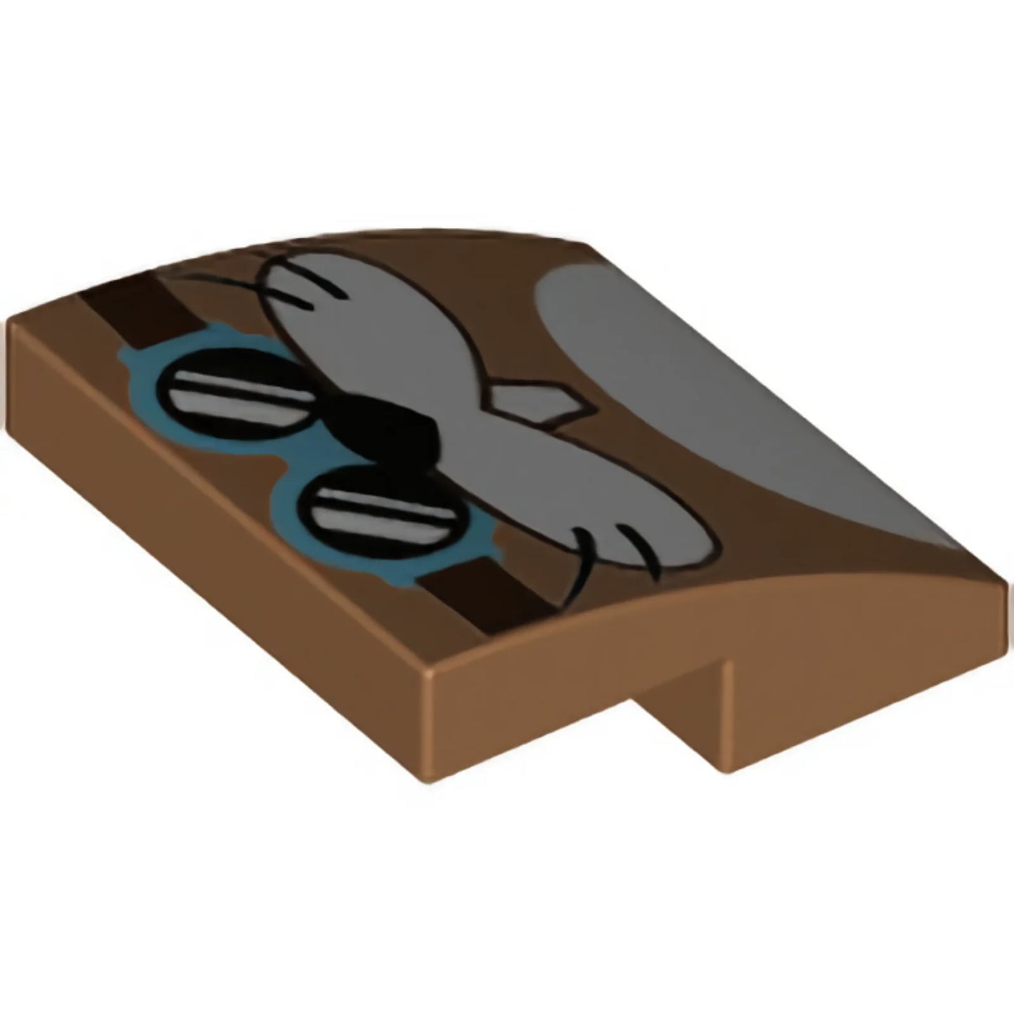 Part 15068pb405 - Slope, Curved 2 x 2 x 2/3 with Medium Azure Goggles with Dark Brown Strap, Black Nose and Whiskers, White Cheeks and Tooth Pattern (Super Mario Rocky Wrench Face)