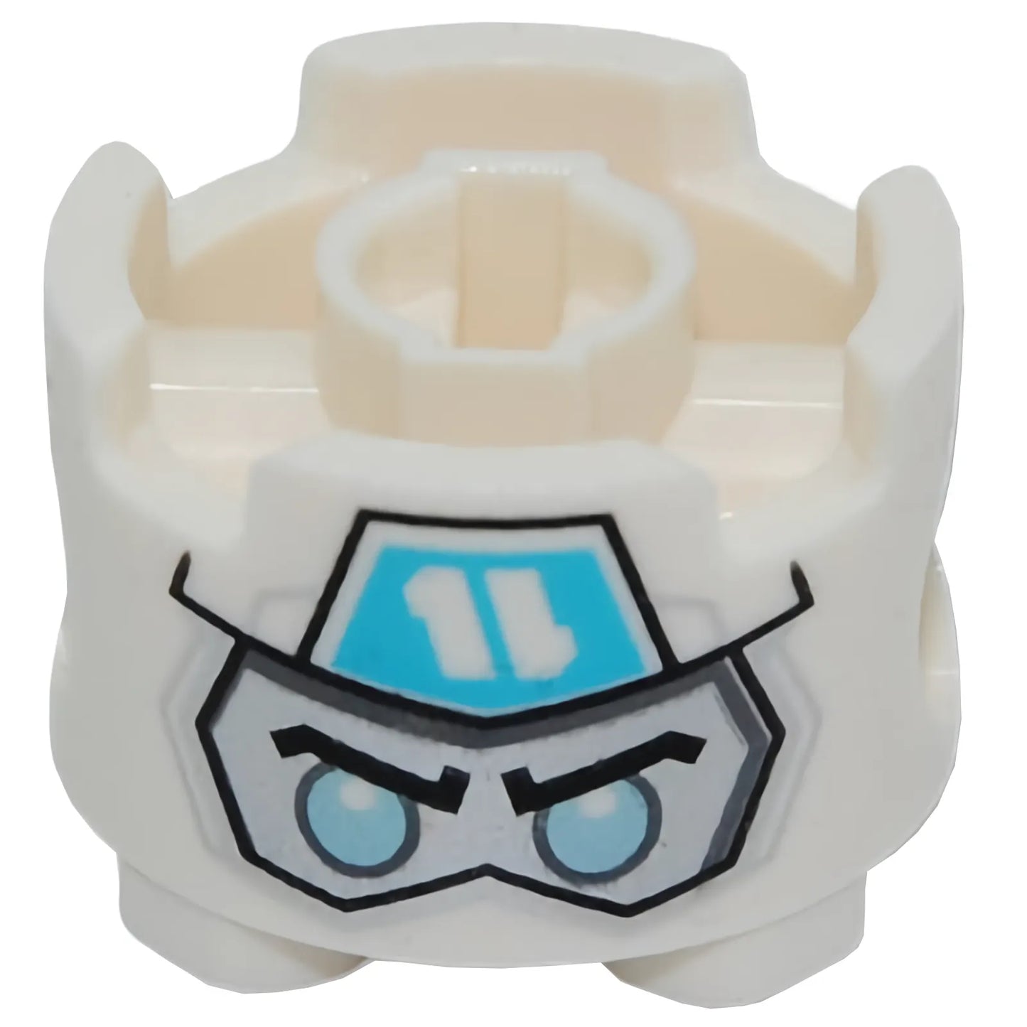 Teil 17485pb018 – Rundstein 2 x 2 mit Nadellöchern mit Sturmhaube mit Ninjago-Logogramm Buchstabe Z auf mittelgroßem azurblauem Fünfeck über silbernem Gesicht mit schwarzen Augenbrauen und metallisch hellblauem Augenmuster (Zane-Kopf)