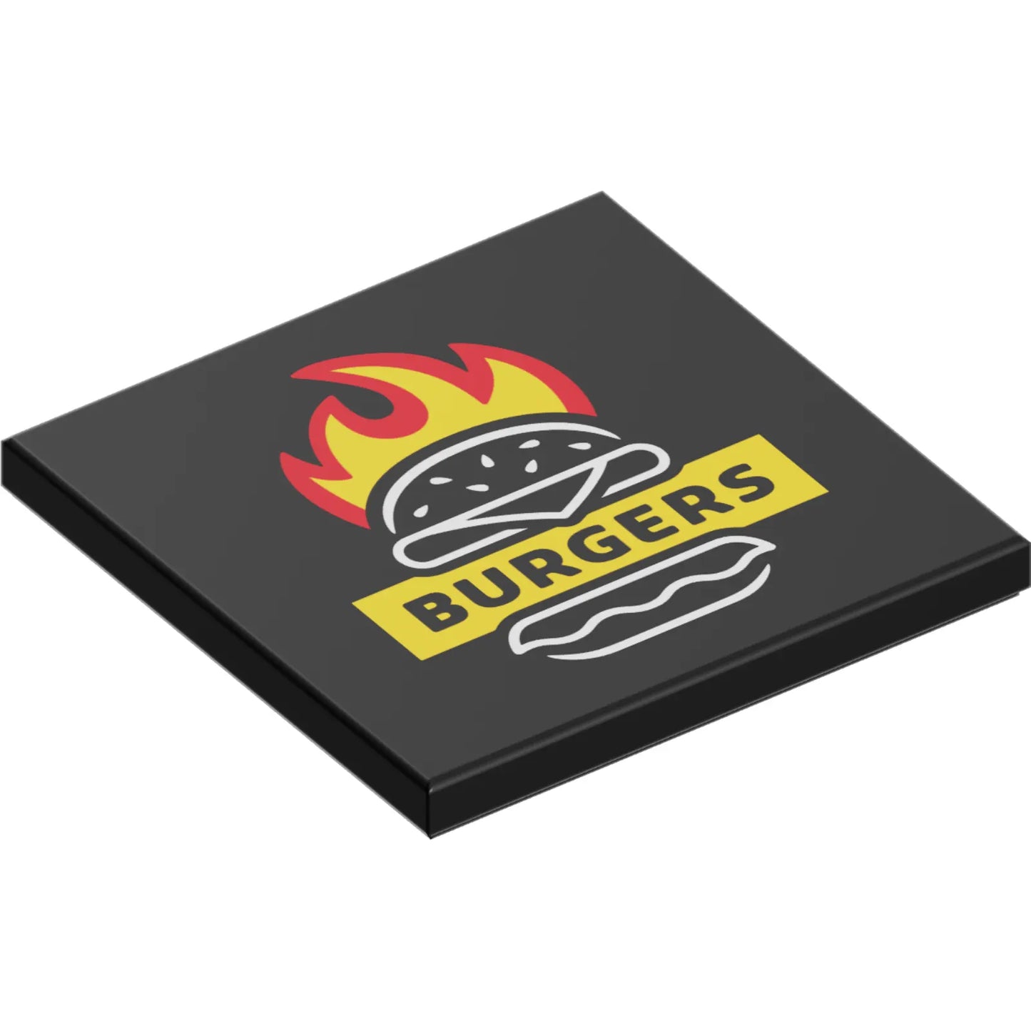 Part 1751pb012 - Tile 4 x 4 with Red and Yellow Flames, White Burger Outline and 'BURGERS' Pattern
