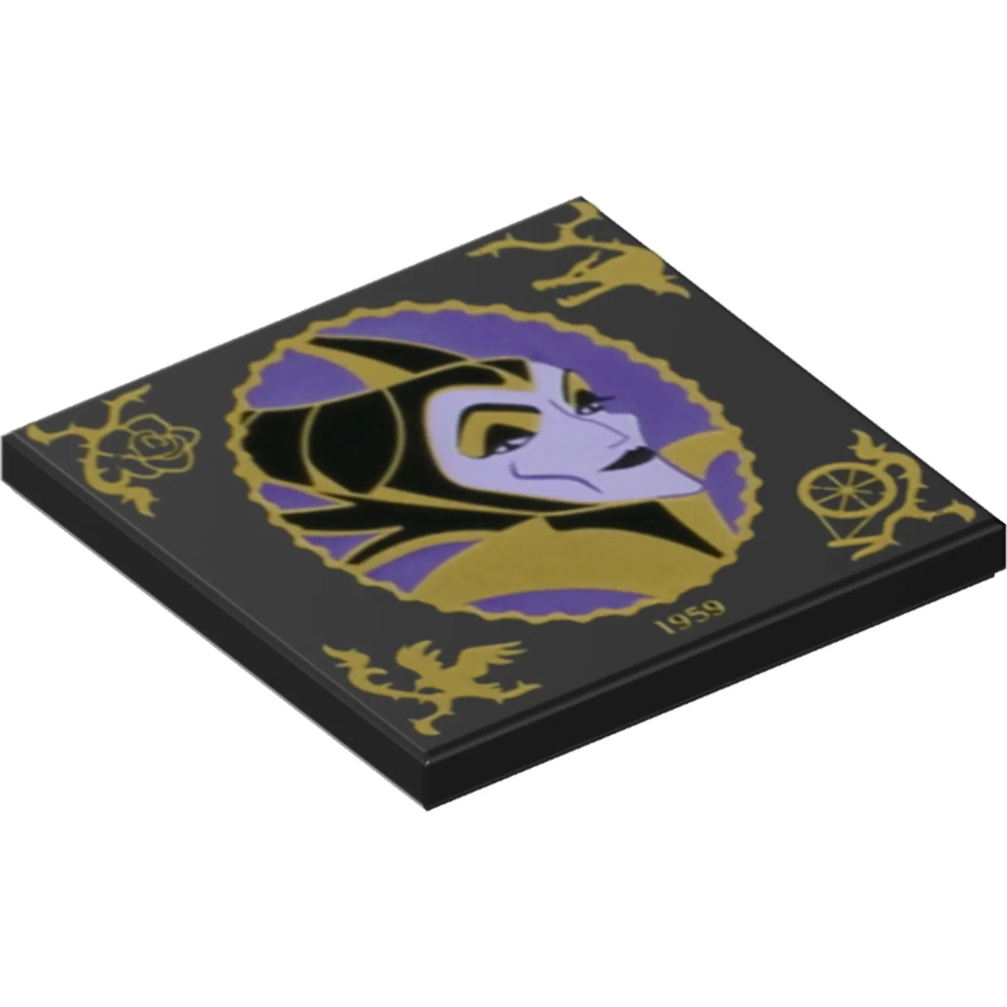 Part 1751pb037 - Tile 4 x 4 with Lavender and Medium Lavender Maleficent Portrait in Oval Frame with Gold Filigree, '1959', Rose, Dragon, Raven Diablo and Spinning Wheel Pattern