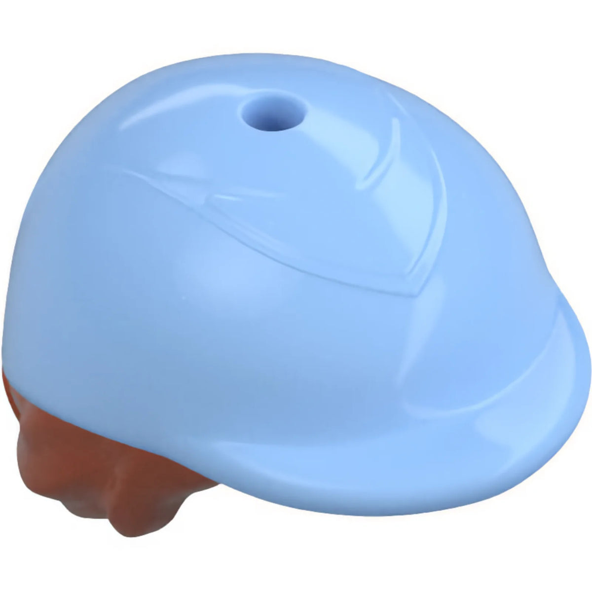 Part 2136pb05 - Mini Doll, Hair Combo, Hair with Hat, Bun and Side Bangs, Hole on Top with Molded Bright Light Blue Horse Riding Helmet Pattern