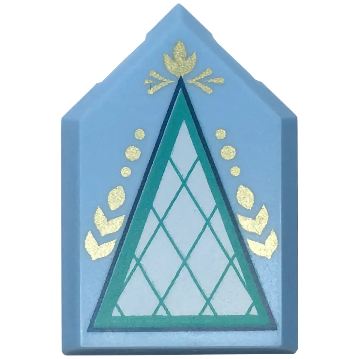 Part 22385pb182 - Tile, Modified 2 x 3 Pentagonal with White and Dark Turquoise Triangle and Gold Highlights Pattern