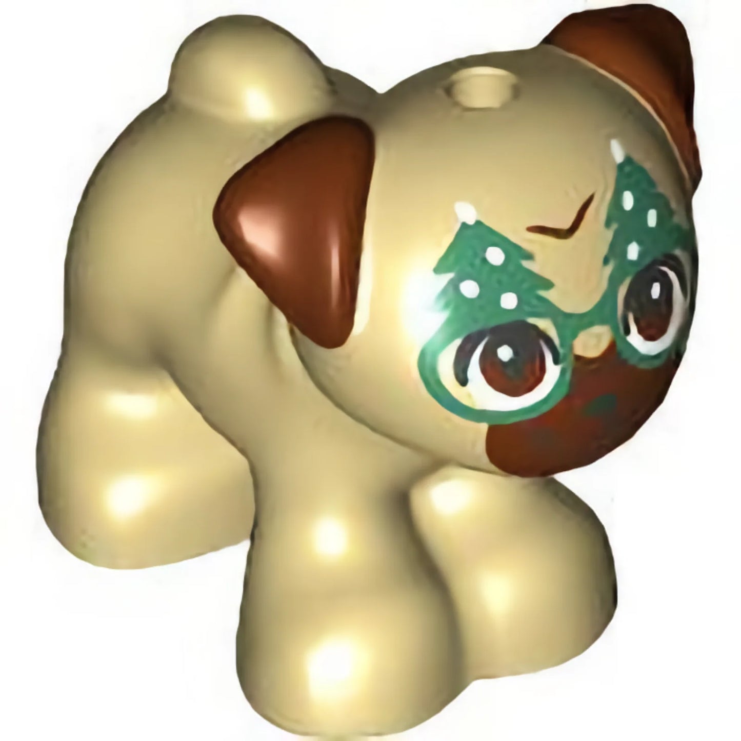 Part 24111pb06 - Dog, Friends, Pug, Standing with Reddish Brown Muzzled Face, Ears and Eyes, Black Nose, Mouth and Eyelashes and Green and White Christmas Tree Glasses Pattern