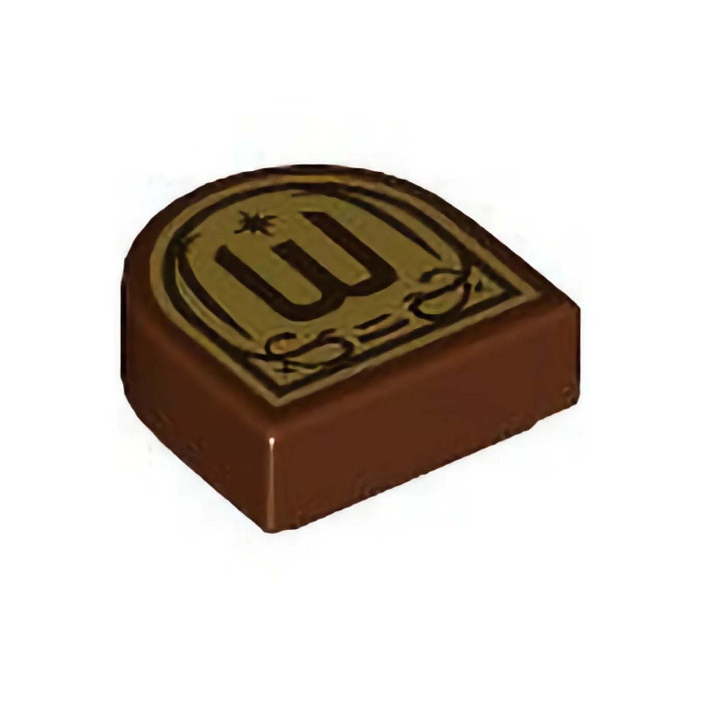 Part 24246pb053 - Tile, Round 1 x 1 Half Circle Extended with Dark Brown Letter E / M / W in Ornate Frame on Gold Background Pattern