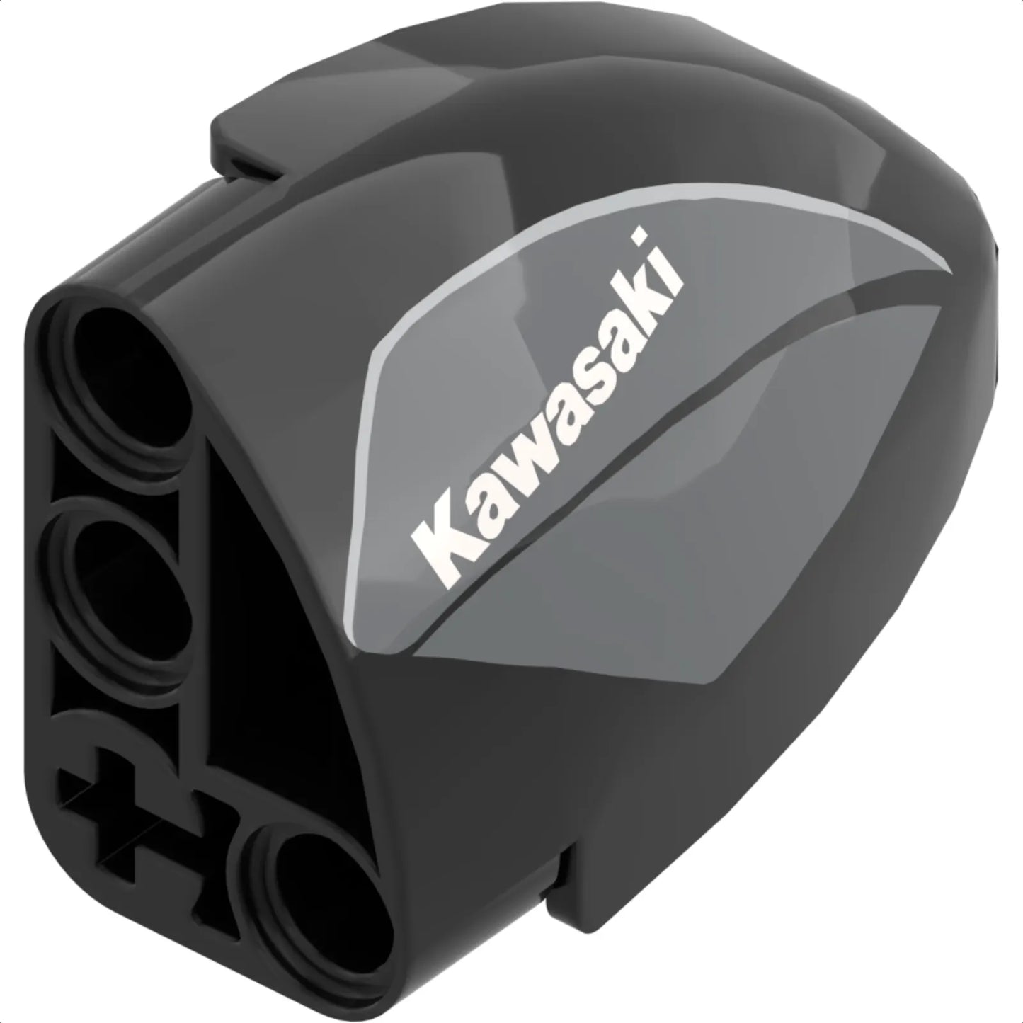 Part 2438pb002 - Technic, Panel Curved 5 x 3 x 2 Corner Quarter Ellipse, Left with White 'Kawasaki' on Dark Bluish Gray Background Pattern