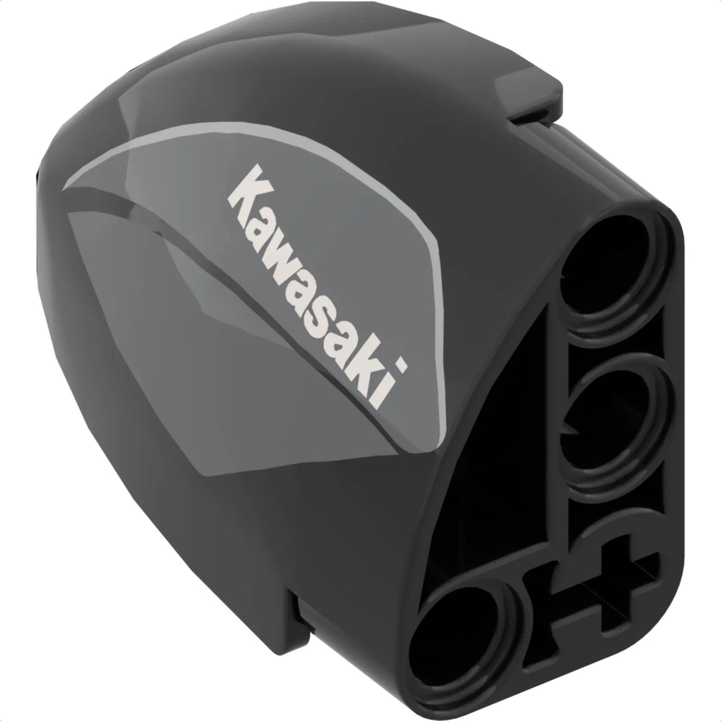 Part 2442pb002 - Technic, Panel Curved 5 x 3 x 2 Corner Quarter Ellipse, Right with White 'Kawasaki' on Dark Bluish Gray Background Pattern