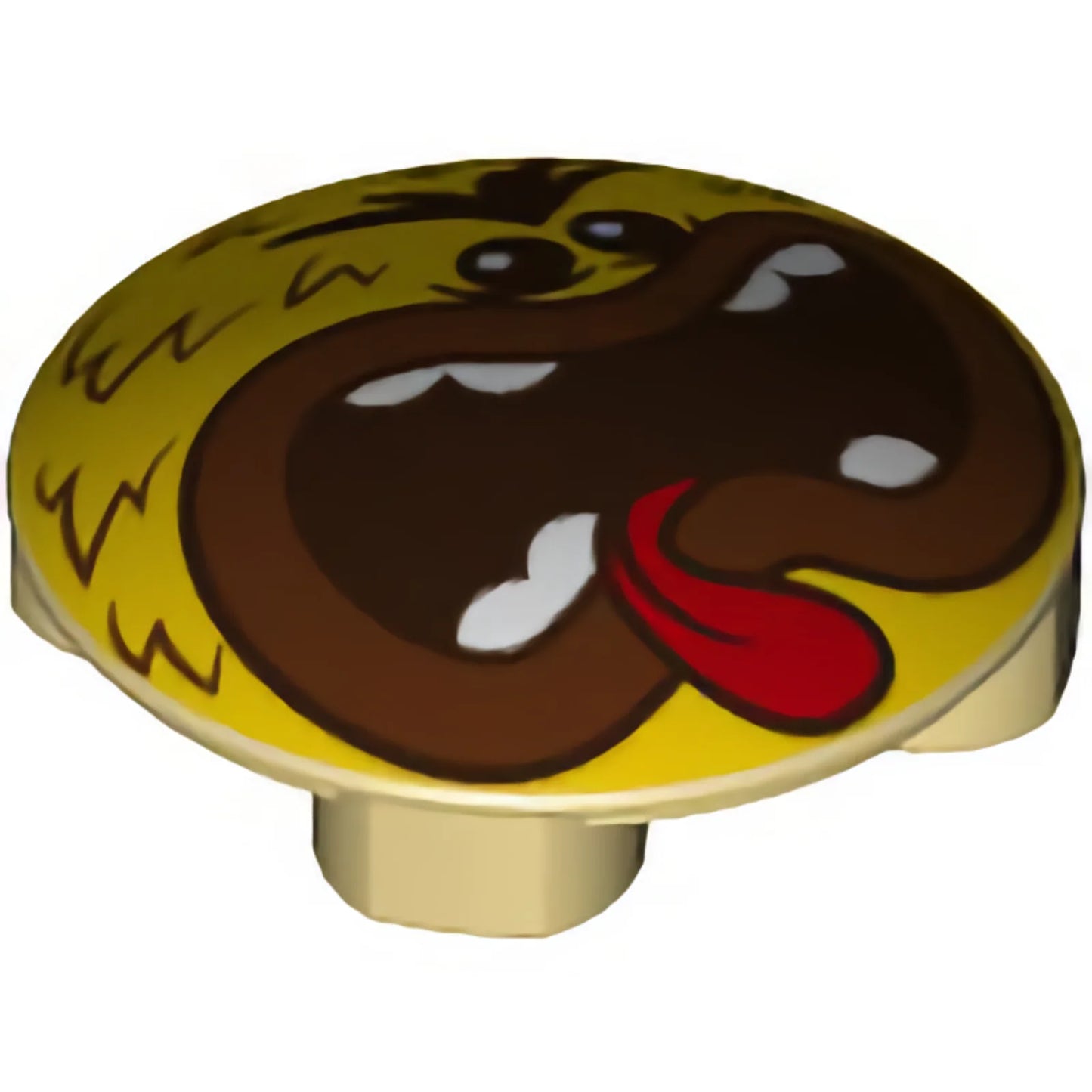 Part 2654pb013 - Plate, Round 2 x 2 with Rounded Bottom with Angry Face, Dark Brown Hair, Reddish Brown Lips, and Wide Open Mouth with Teeth and Tongue Pattern