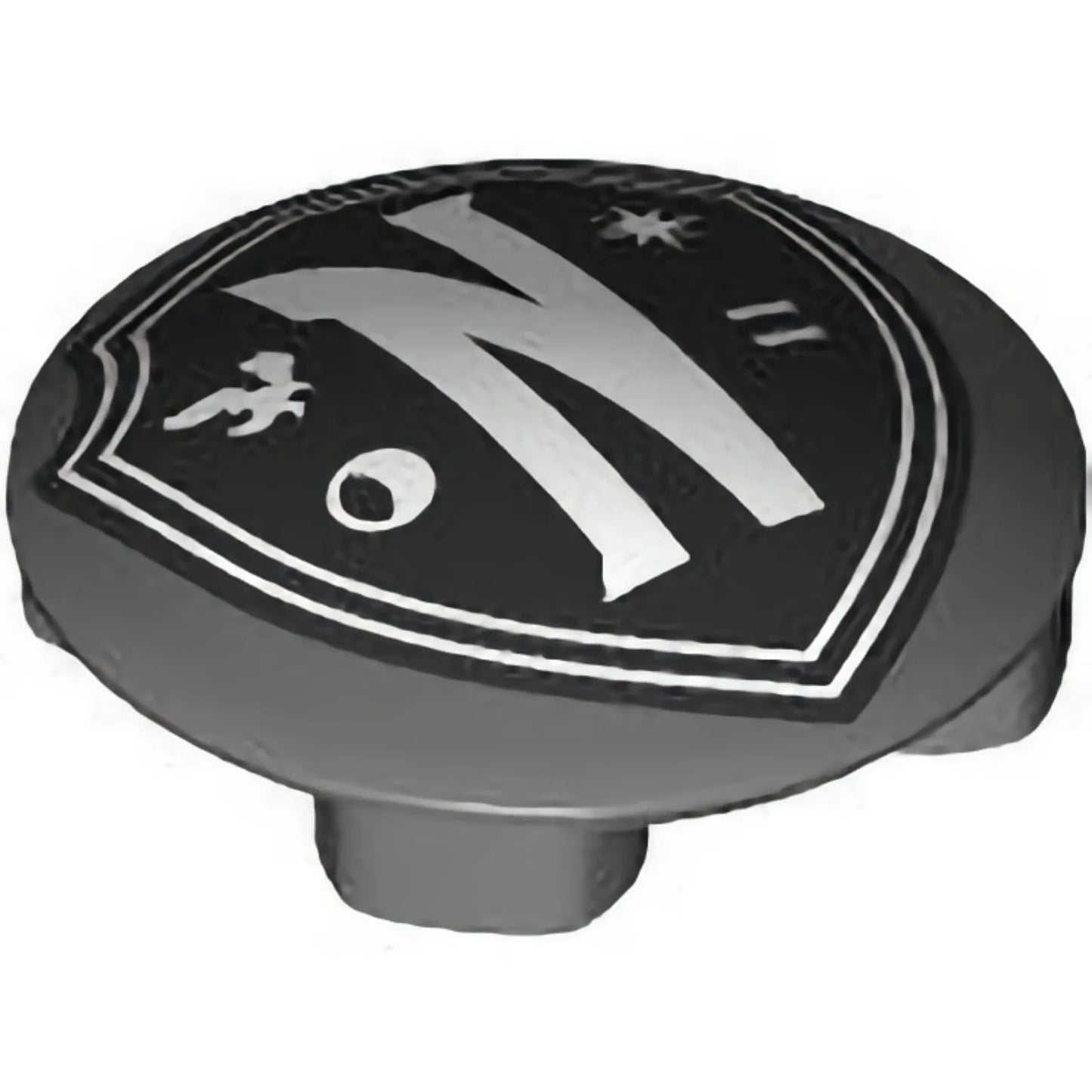 Part 2654pb028 - Plate, Round 2 x 2 with Rounded Bottom (Boat Stud) with Black Nevermore Academy Shield Emblem with White Border, Letter N, Raven, Moon, Star, and Equal Sign Pattern