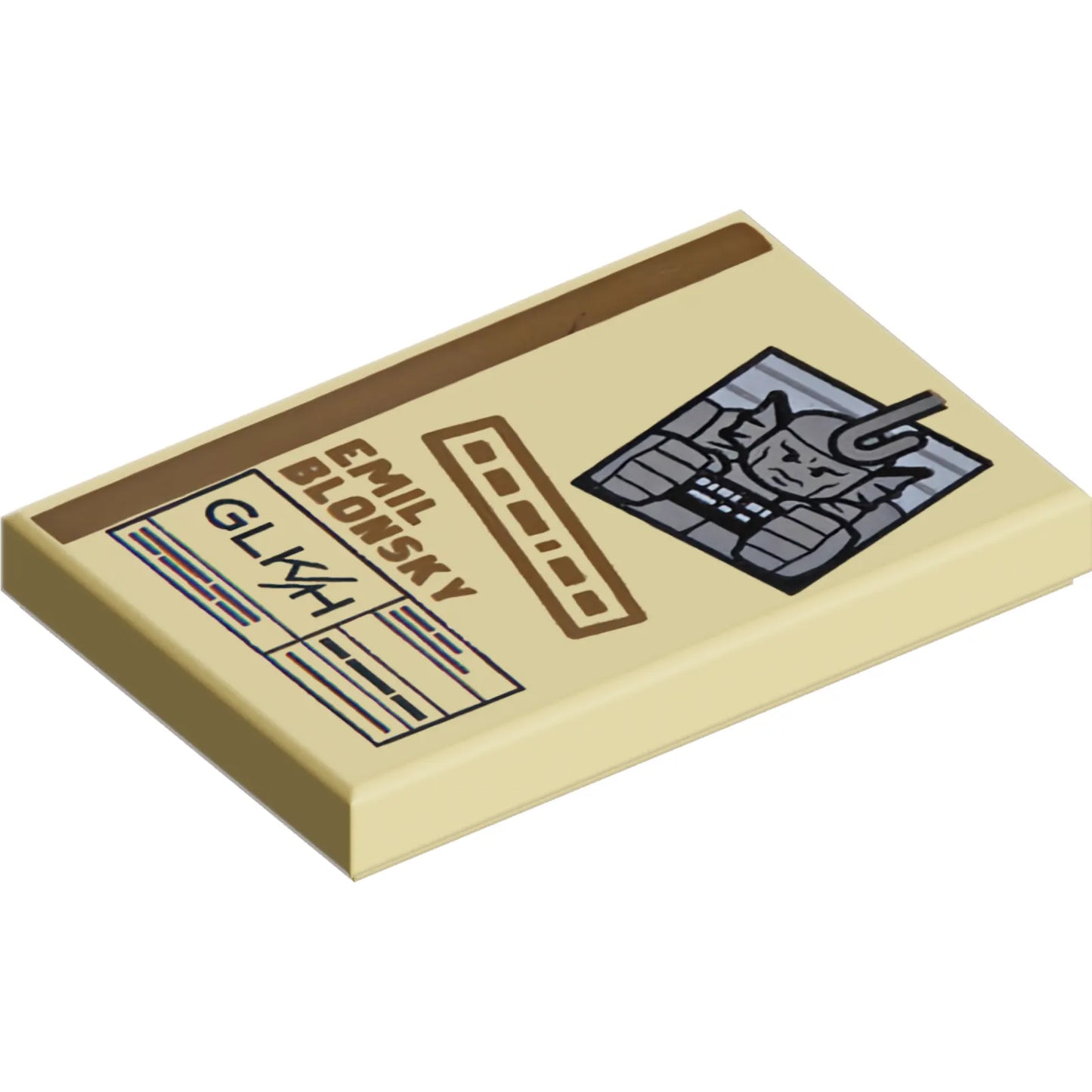 Part 26603pb354 - Tile 2 x 3 with Legal File with Dark Tan 'EMIL BLONSKY', Black 'GLK/H' and Minifigure Mugshot Pattern