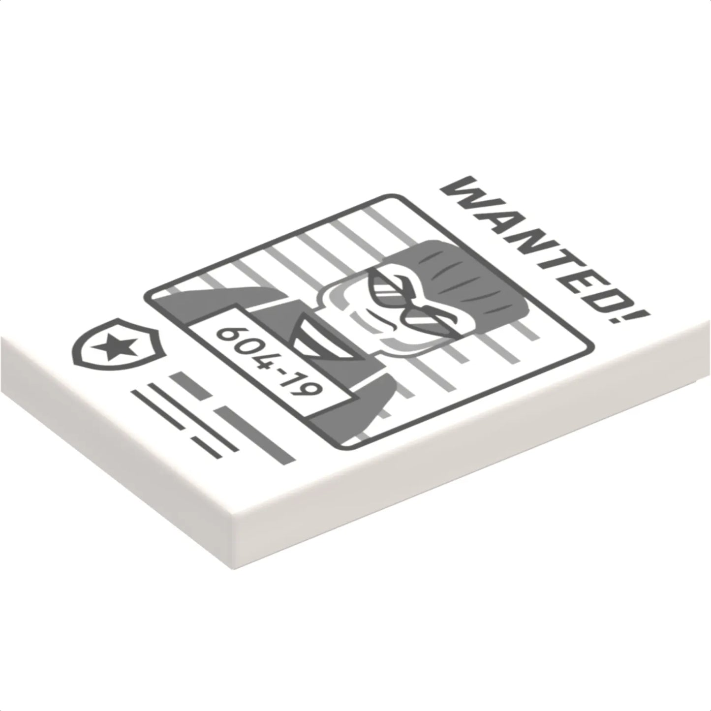 Part 26603pb380 - Tile 2 x 3 with Black 'WANTED!' and Dark Bluish Gray Minifigure with '604-19' Pattern