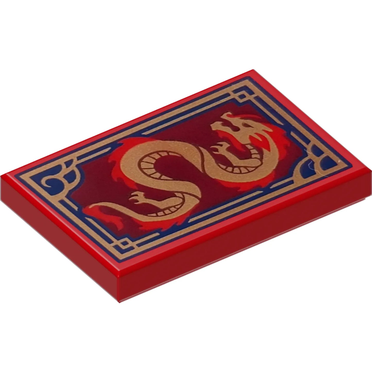 Part 26603pb472 - Tile 2 x 3 with Dragon on Dark Red Background with Ornate Dark Blue and Gold Border Pattern