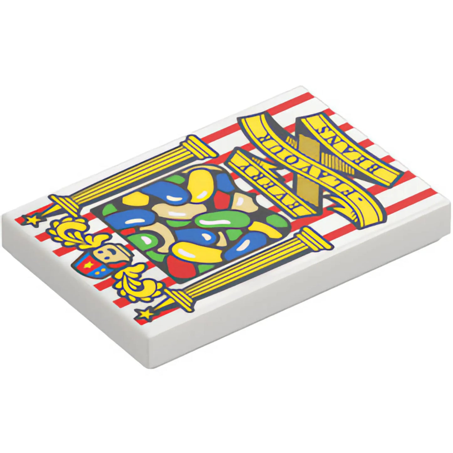 Part 26603pb547 - Tile 2 x 3 with HP Bertie Bott's Beans Box with Green, Blue, Red and Yellow Jelly Beans, Pillars, Stripes and 'EVERY-FLAVOUR BEANS' on Banner Pattern