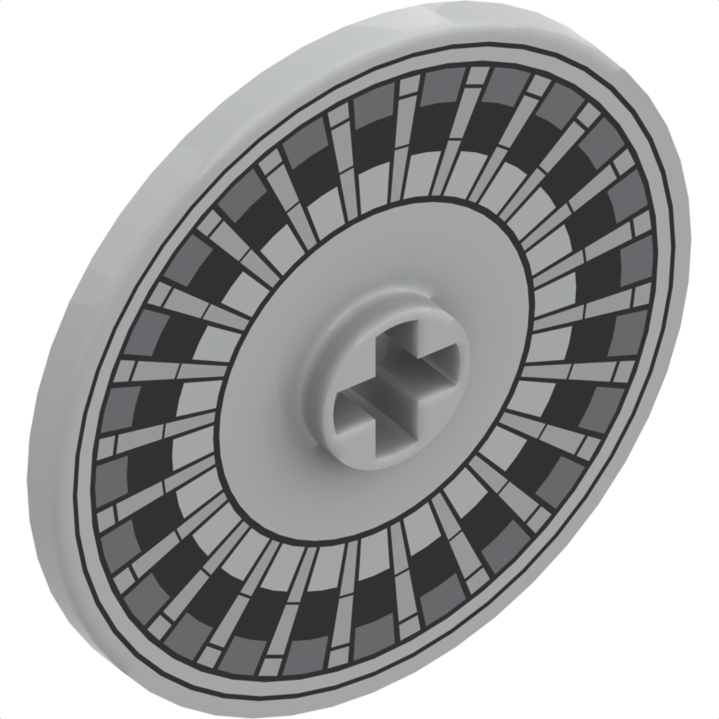 Part 2723pb095 - Technic, Disk 3 x 3 with Black and Dark Bluish Gray Circles with Silver Spokes Pattern