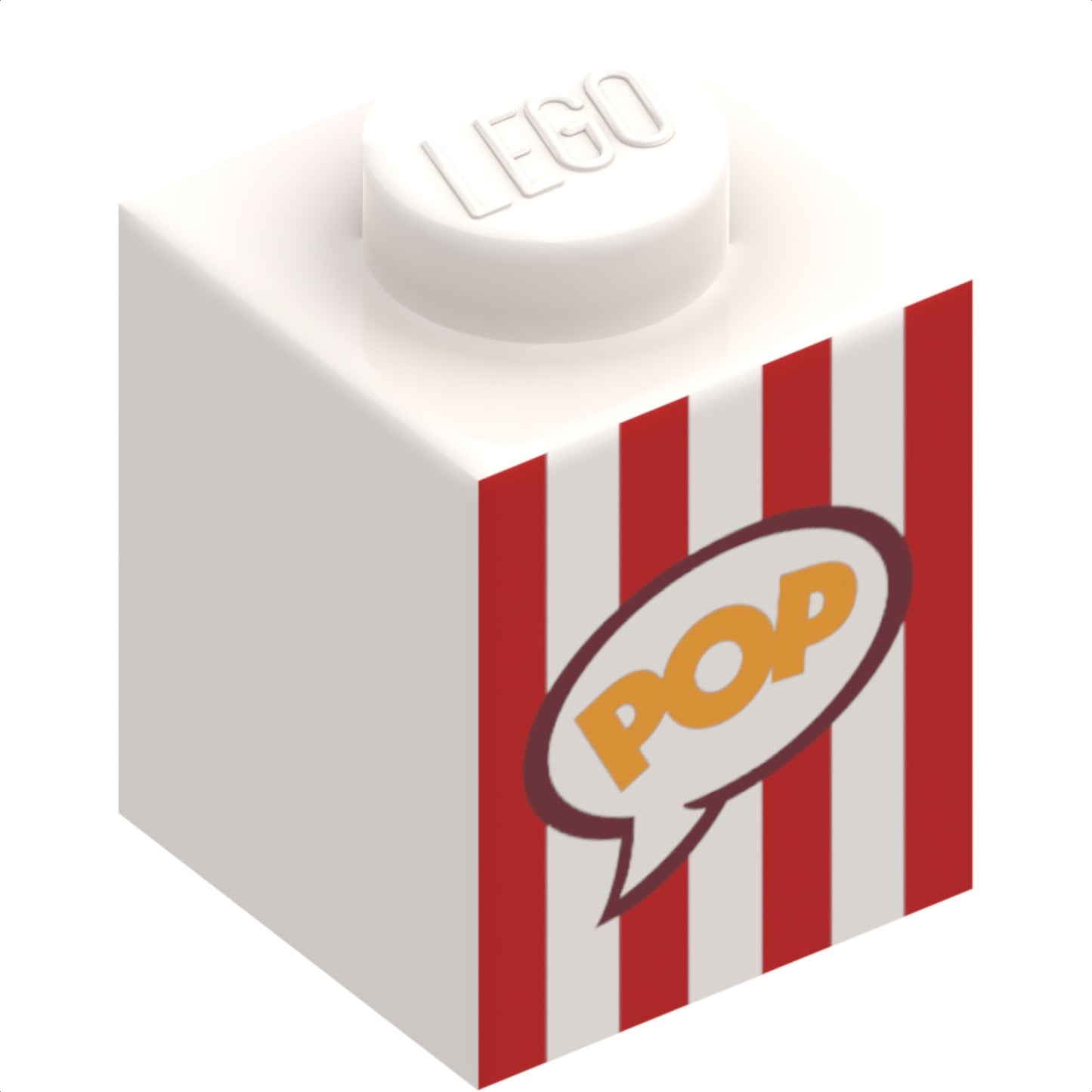 Teil 3005pb028 - Ziegel 1 x 1 mit roten vertikalen Streifen und gelbem „POP“ im Sprechblasenmuster (Popcornbox)