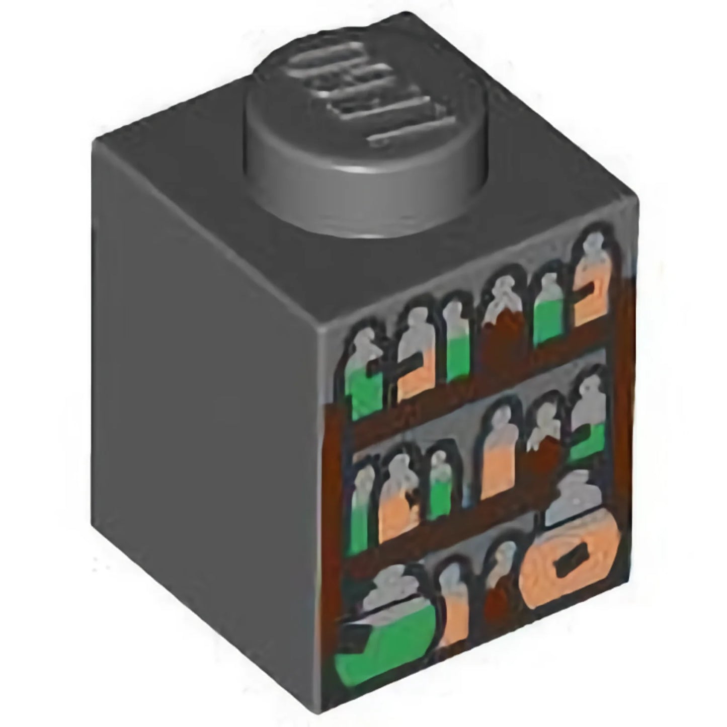 Teil 3005pb062 - Ziegel 1 x 1 mit Regalen und Zaubertrankflaschen mit schwarzen Etiketten, silbernen Deckeln und grünem, nougatfarbenem und rötlich-braunem Inhaltsmuster