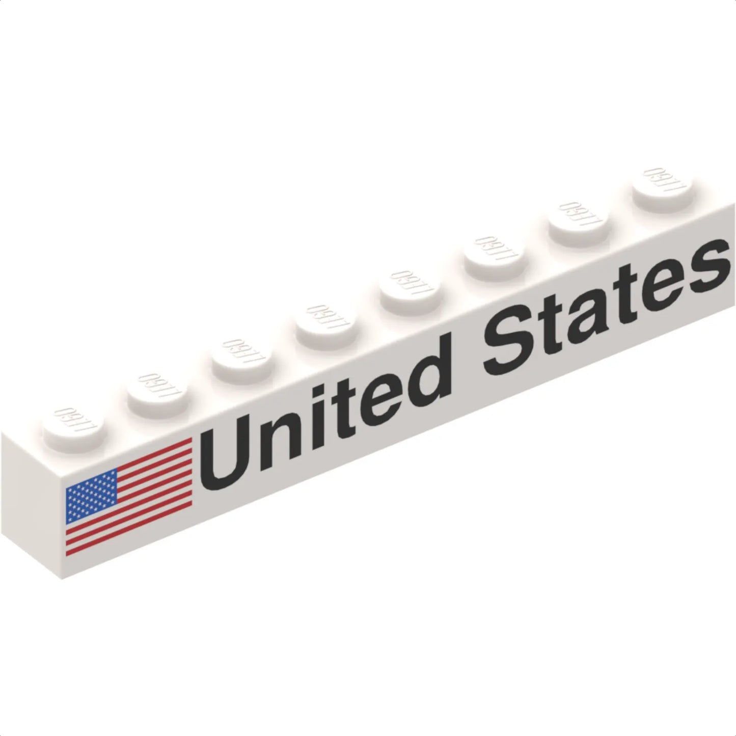 Part 3008pb171L - Brick 1 x 8 with Black 'United States' and Flag Pattern Model Left Side