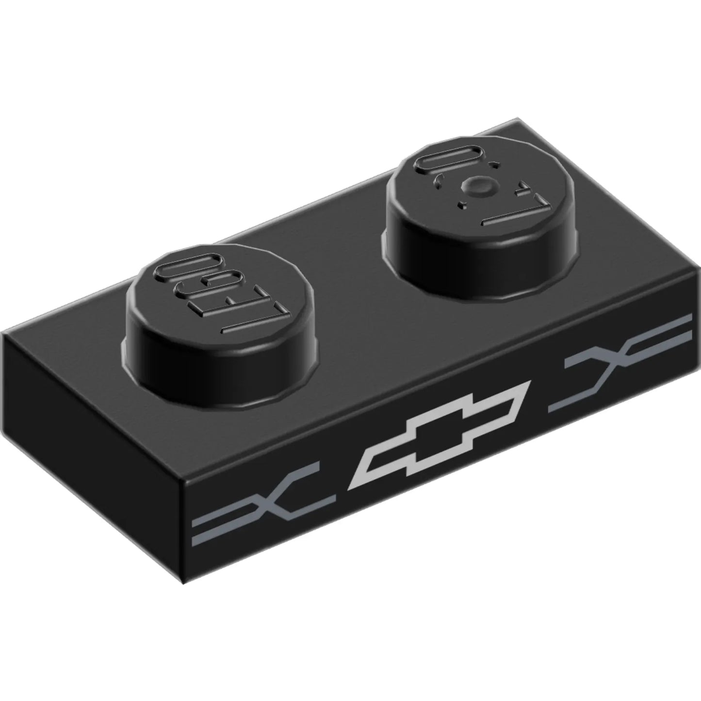 Part 3023pb10 - Plate 1 x 2 with Silver Chevrolet Logo and Dark Silver Grille Lines Pattern