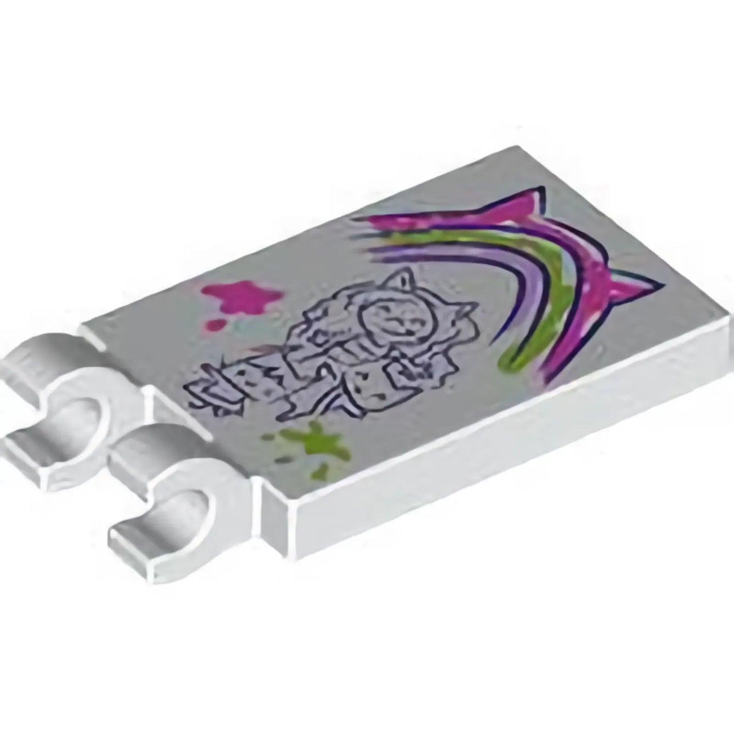 Part 30350bpb188 - Tile, Modified 2 x 3 with 2 Open O Clips with Dark Purple Drawing of Gabby and Kittens, Dark Pink, Lavender and Lime Rainbow with Cat Ears Painting and Paint Splotches Pattern