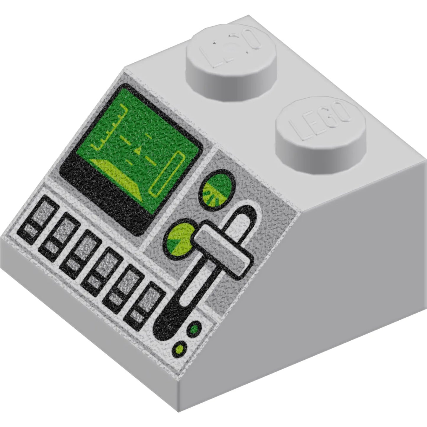 Part 3039pb143 - Slope 45 2 x 2 with Green Control Screen, Gauges, Light Bluish Gray Lever and Silver Buttons Pattern