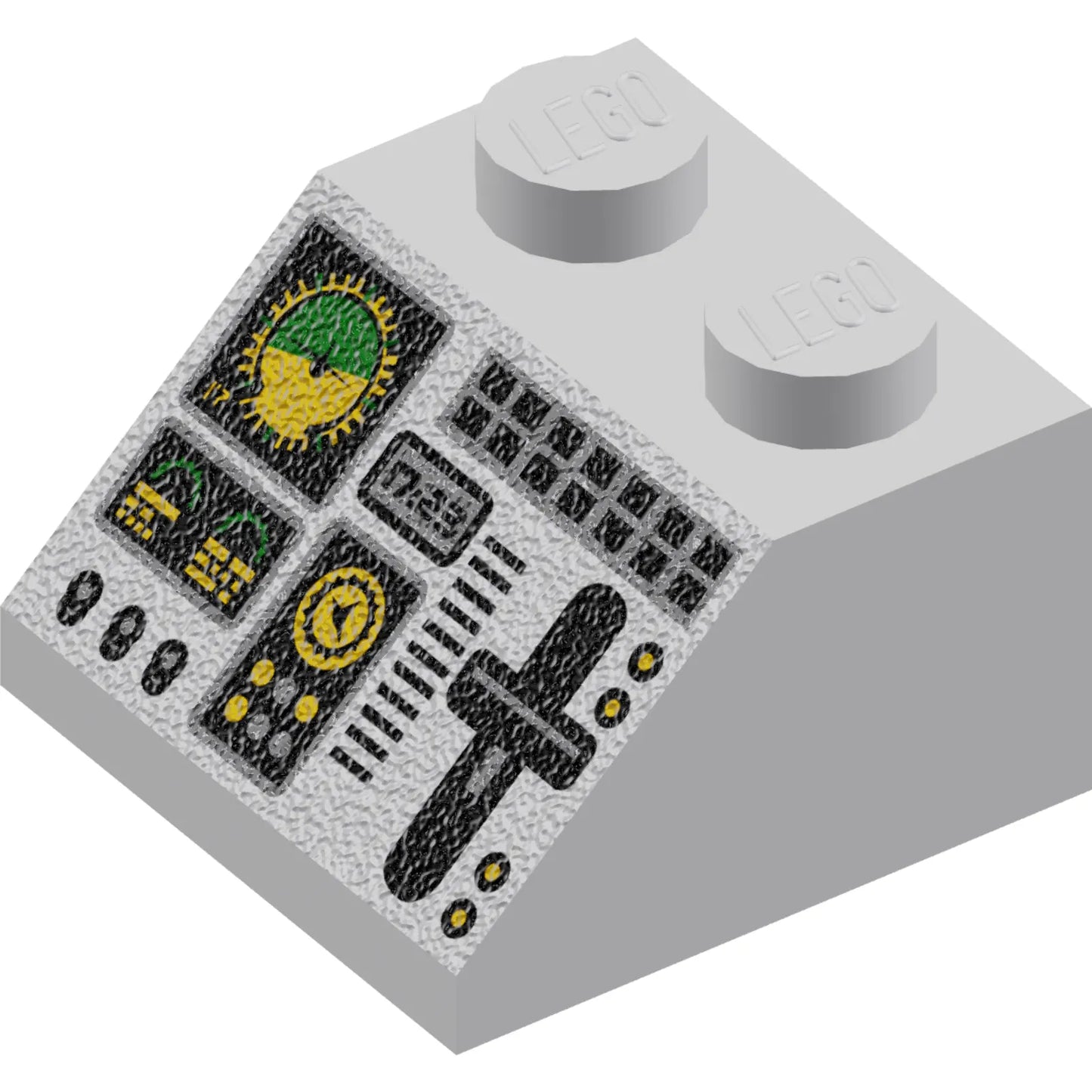 Teil 3039pb045 – Schrägstein 45, 2 x 2, mit Flugzeug, grüner und gelber Horizontanzeige, Bedienelementen, schwarzen Knöpfen, silbernem Schieber und Schaltermuster