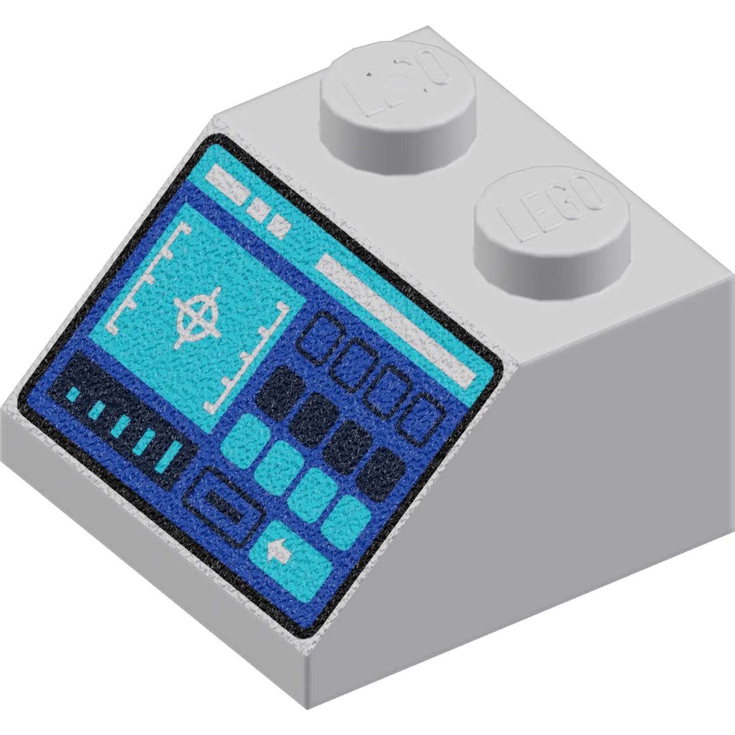 Part 3039pb140 - Slope 45 2 x 2 with Control Panel with Medium Azure and Dark Blue Buttons, Crosshairs, Bar Chart and Slot Pattern