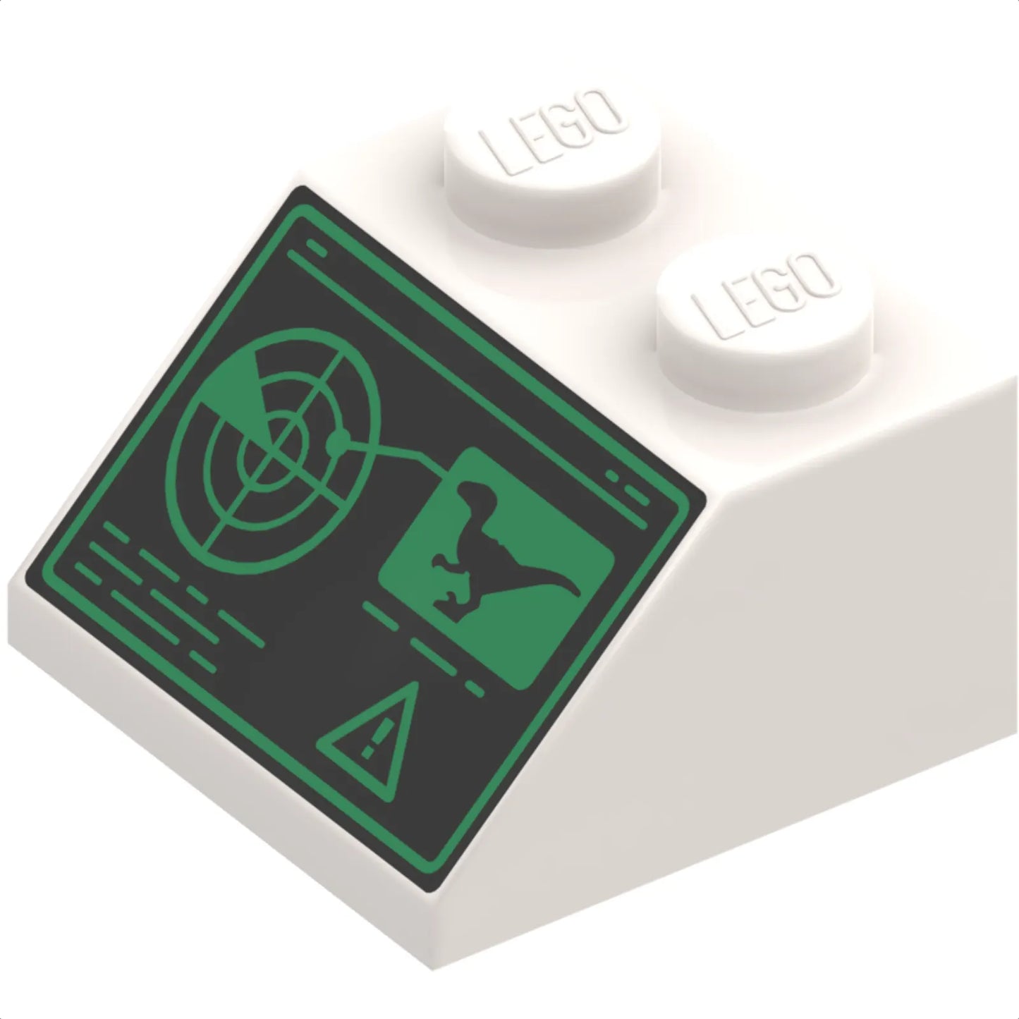 Part 3039pb152 - Slope 45 2 x 2 with Black and Green Control Screen with Radar, Lines, Dinosaur and Warning Sign Pattern