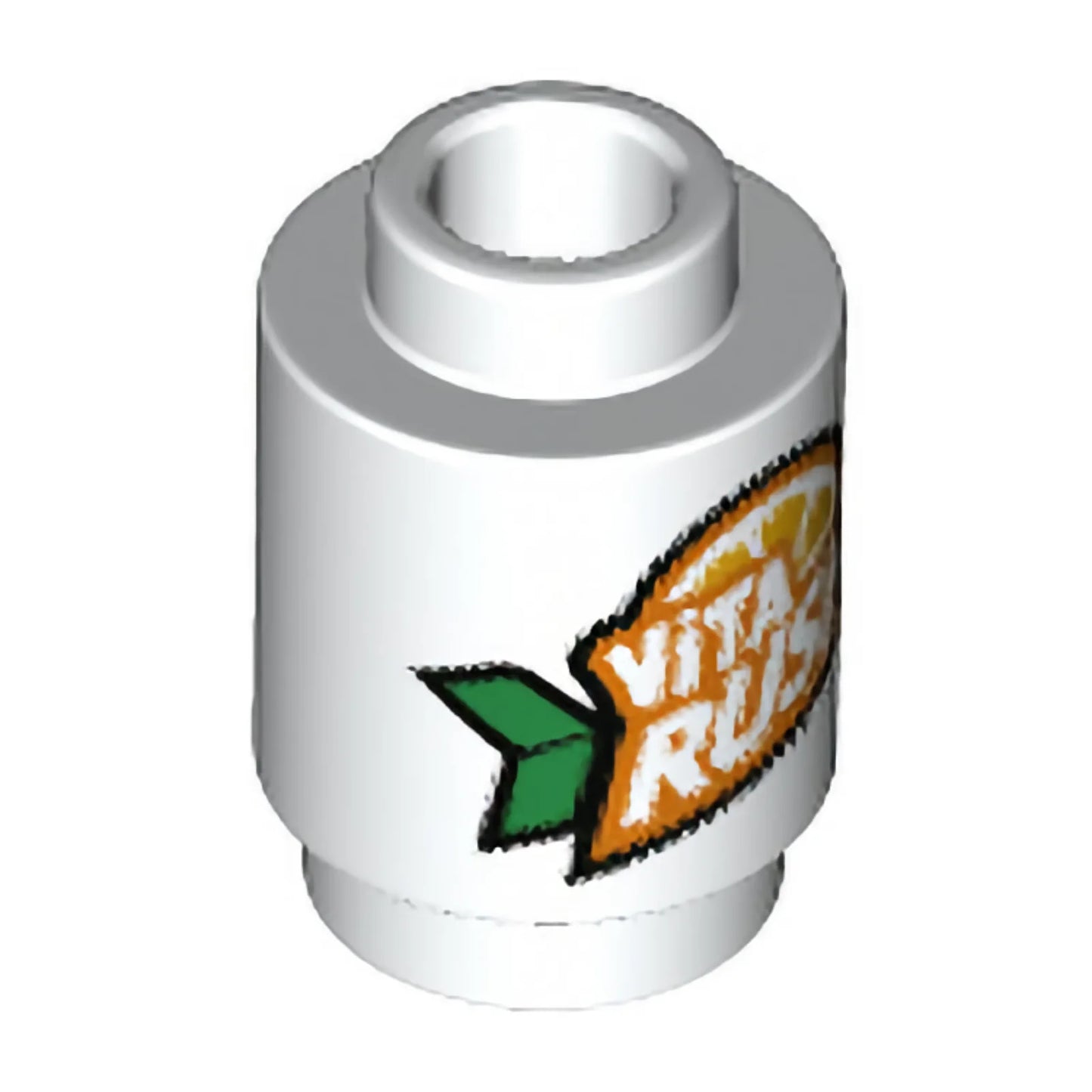 Part 3062pb079 - Brick, Round 1 x 1 with Orange and White 'ViTA RUSH' Logo Pattern