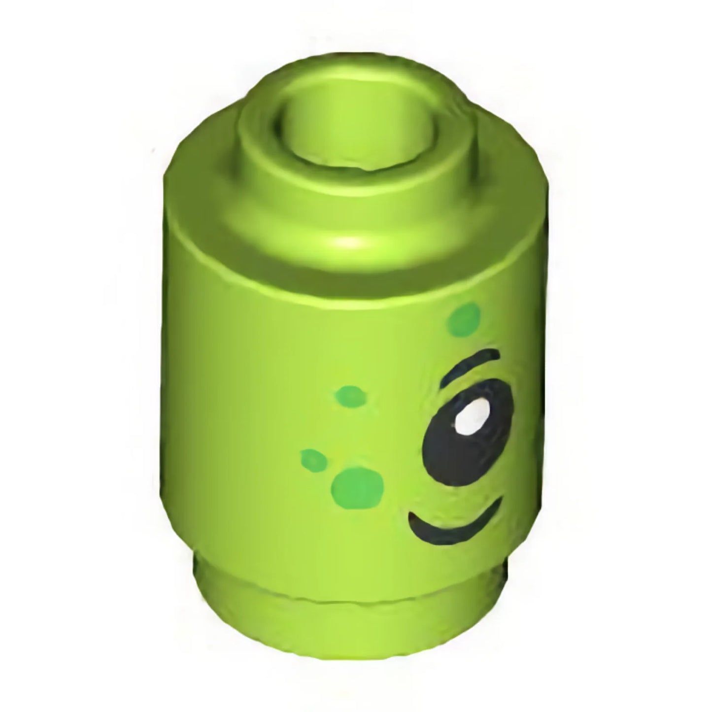 Part 3062pb083 - Brick, Round 1 x 1 with Alien Face with Black Eyebrow, Eye, Grin, and Bright Green Spots Pattern
