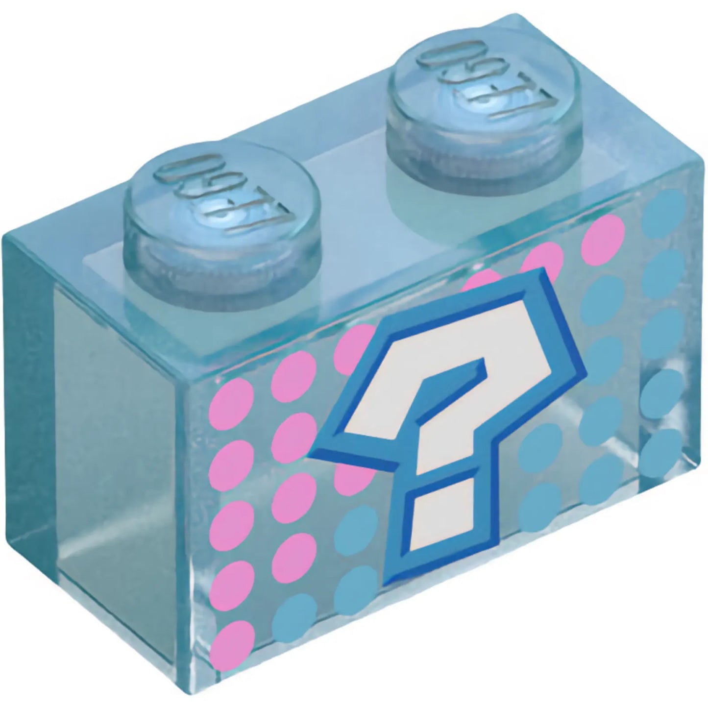 Part 3065pb23 - Brick 1 x 2 without Bottom Tube with White Question Mark with Dark Azure and Blue Outline, Dark Pink and Medium Azure Dots Pattern (Super Mario Item Box)