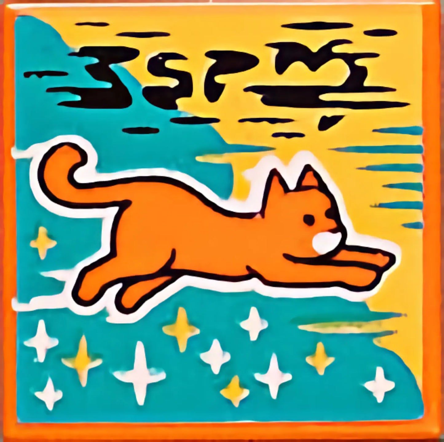 Part 3068pb1573 - Tile 2 x 2 with BeatBit Album Cover - Orange Flying Cat Pattern