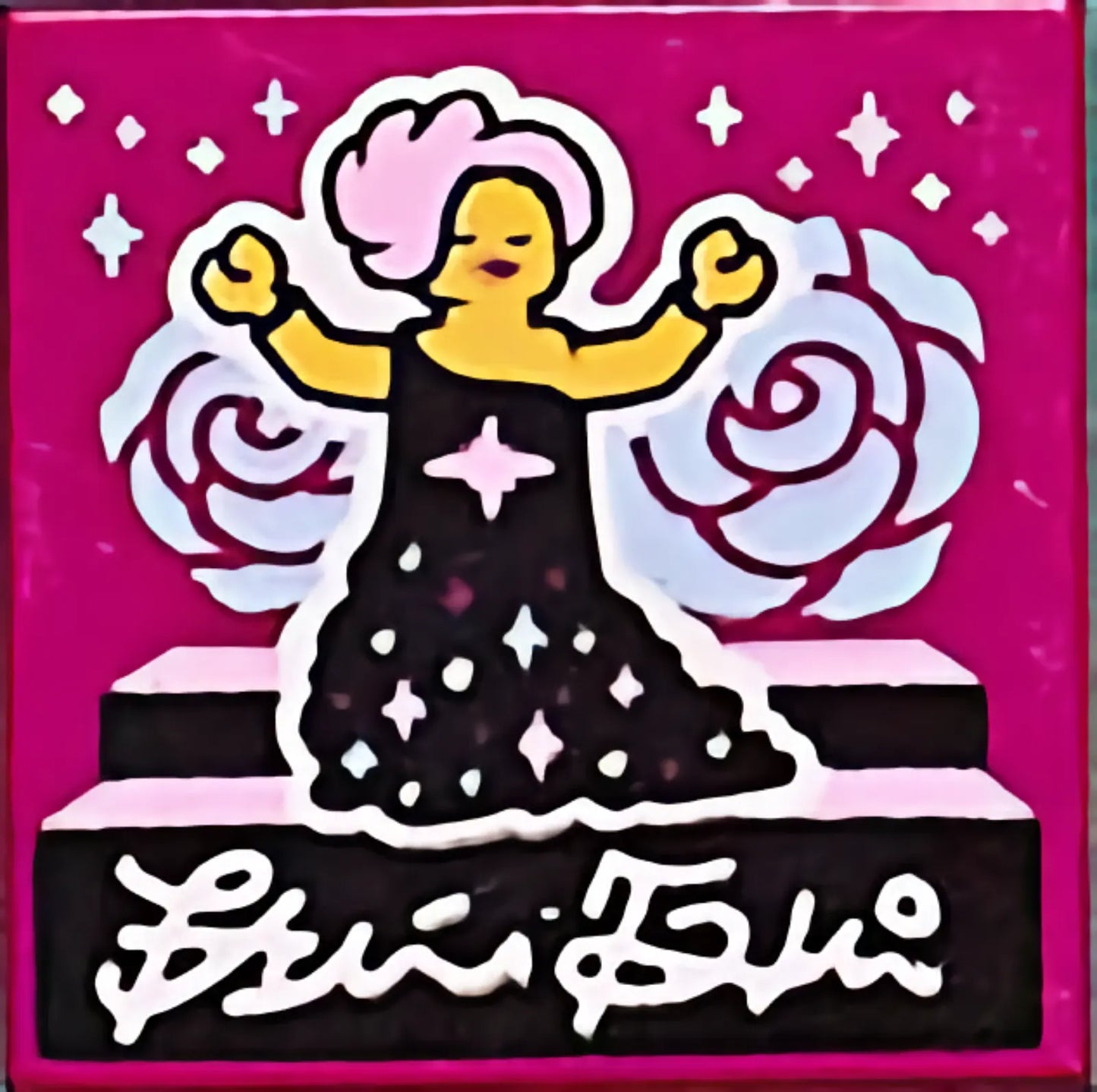 Teil 3068pb1601 – Fliese 2 x 2 mit BeatBit-Albumcover – Sängerin mit rosa Haaren im schwarzen Kleidmuster