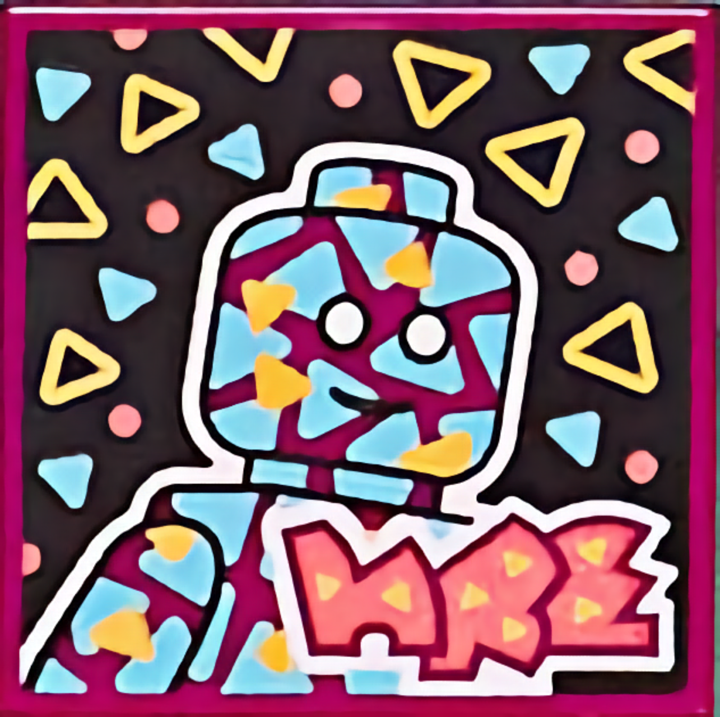 Part 3068pb1773 - Tile 2 x 2 with BeatBit Album Cover - Minifigure on Black Background with Medium Azure and Yellow Triangles Pattern