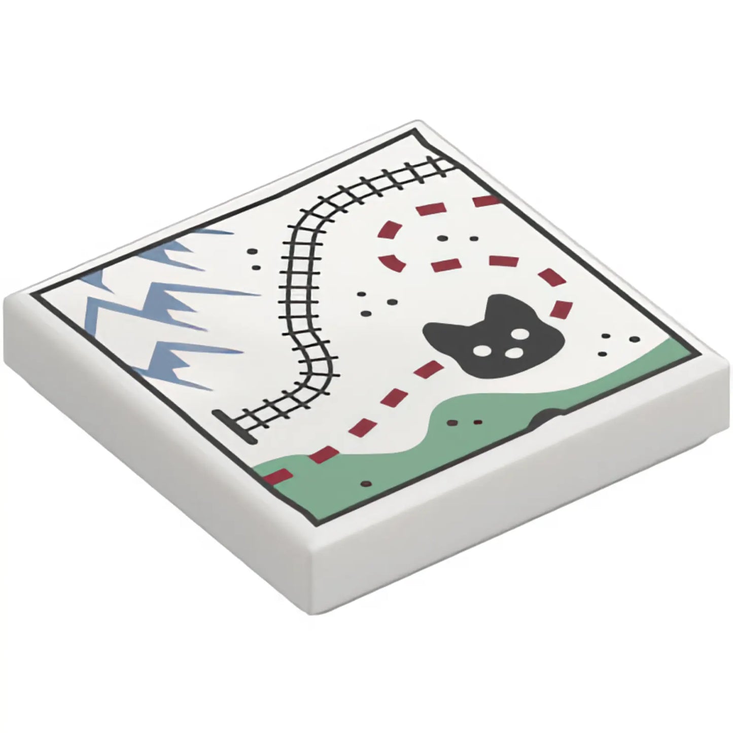 Part 3068pb2658 - Tile 2 x 2 with Map, Sand Blue Mountains, Black Train Tracks and Wolf Head, Reddish Brown Dotted Line Path, Sand Green Area Pattern