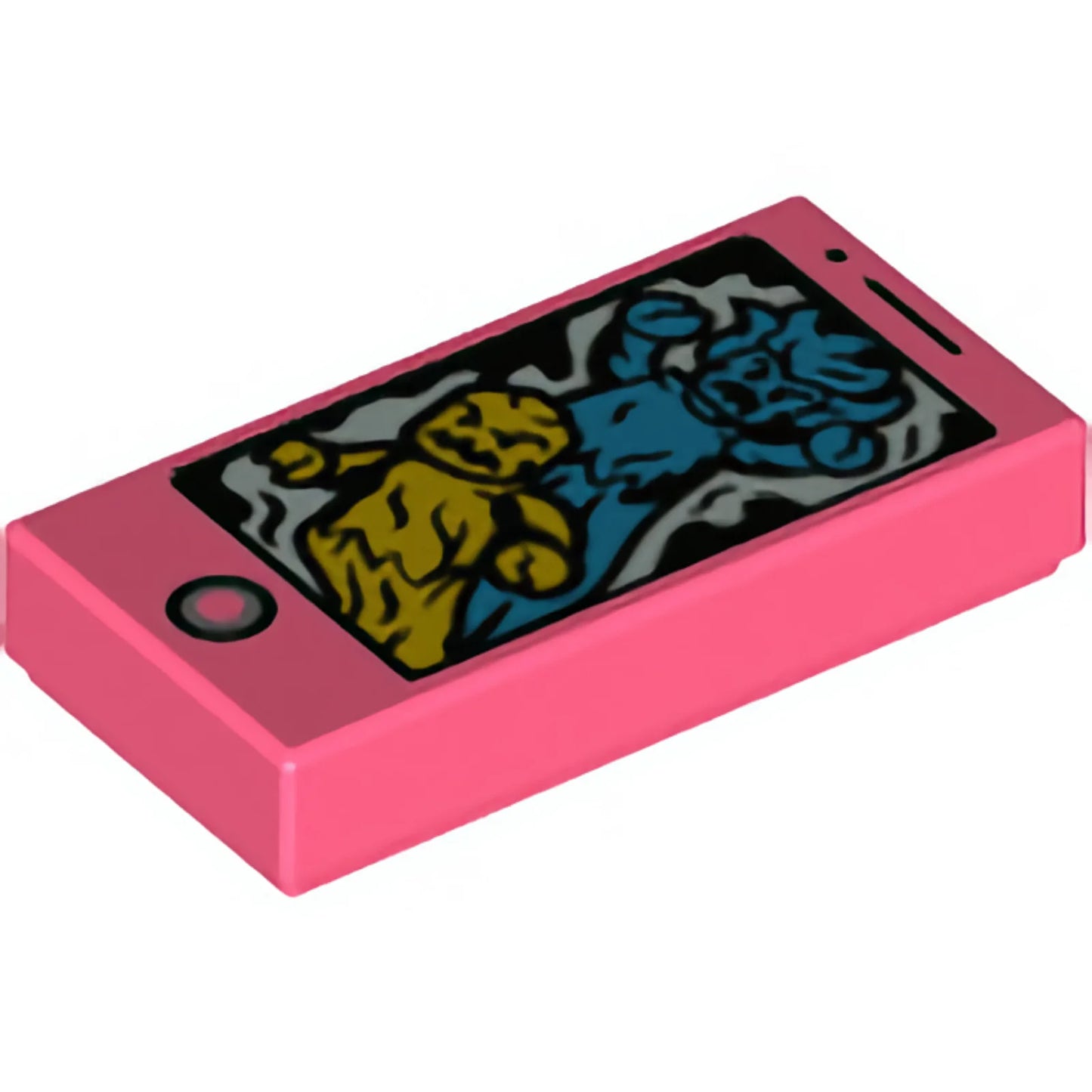 Part 3069pb0791 - Tile 1 x 2 with Cell Phone / Smartphone with Bright Light Orange and Dark Azure Ghosts Pattern