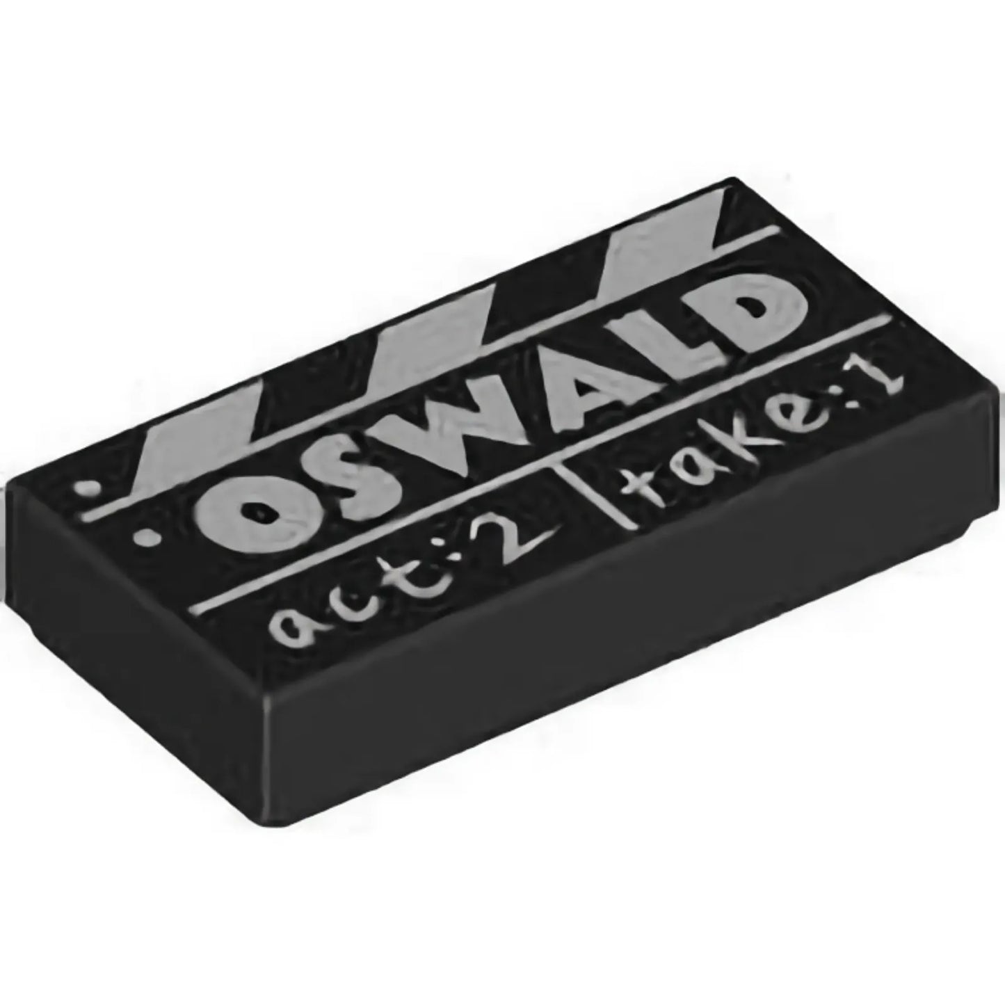 Part 3069pb1162 - Tile 1 x 2 with Film Slate with White 'OSWALD' and 'act:2 take:1' Pattern