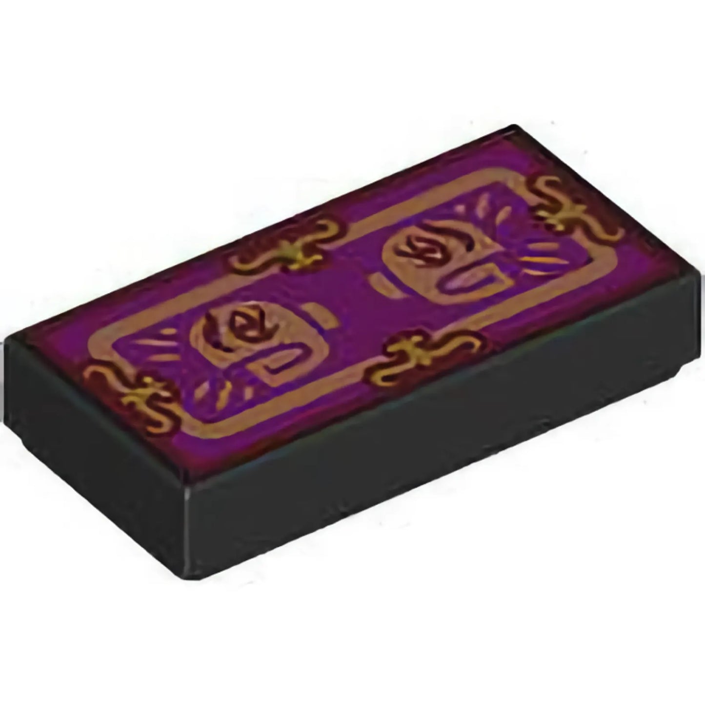 Part 3069pb1163 - Tile 1 x 2 with Gold Shapes, Nougat Border and Minifigure Hands with Dark Red Eyes on Magenta Background Pattern (Dr Facilier Fortune Card)