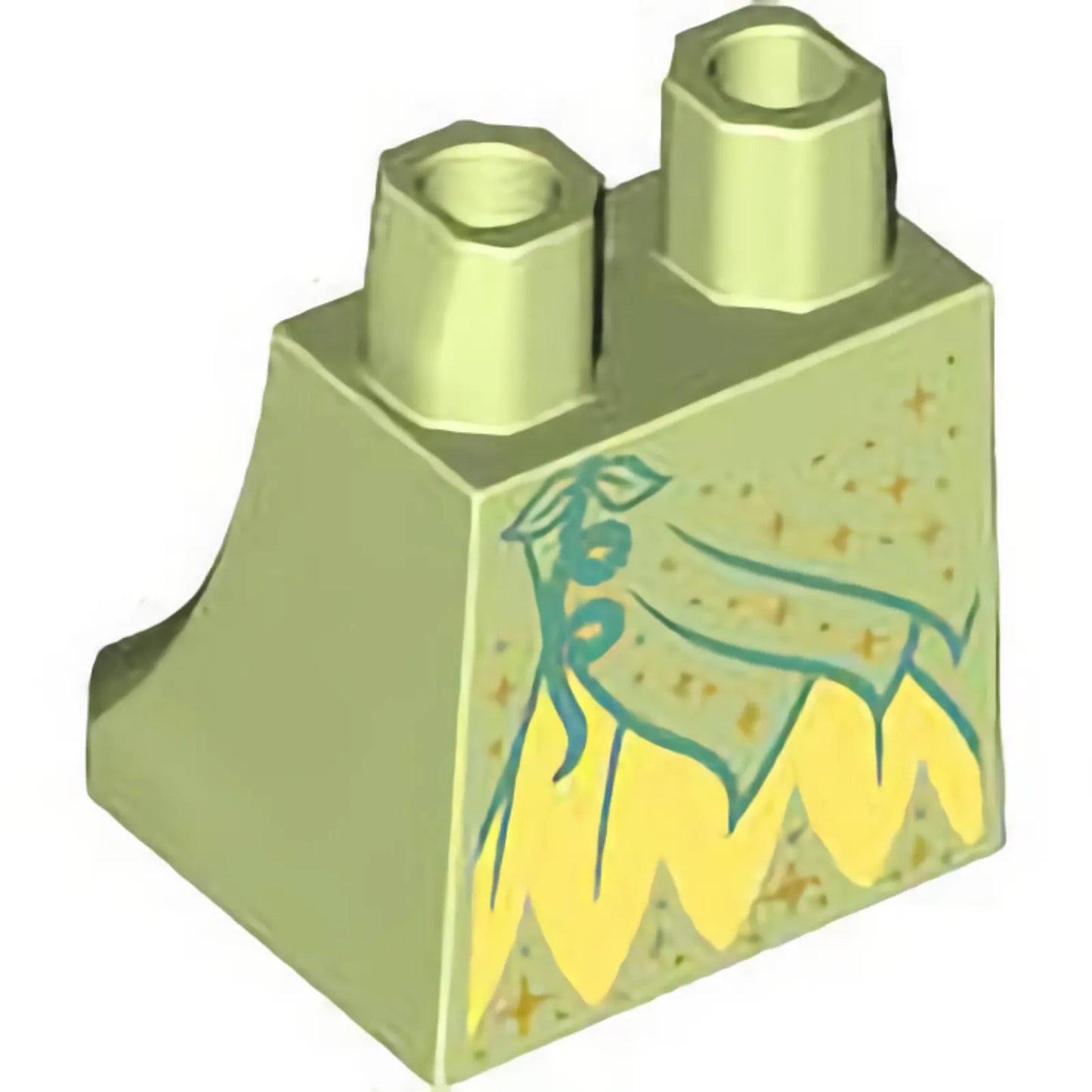 Part 36036pb053 - Lower Body, Skirt with Bright Light Yellow Dress with Layer with Sand Green Flower, Folds, and Gold Sparkles and Dots Pattern