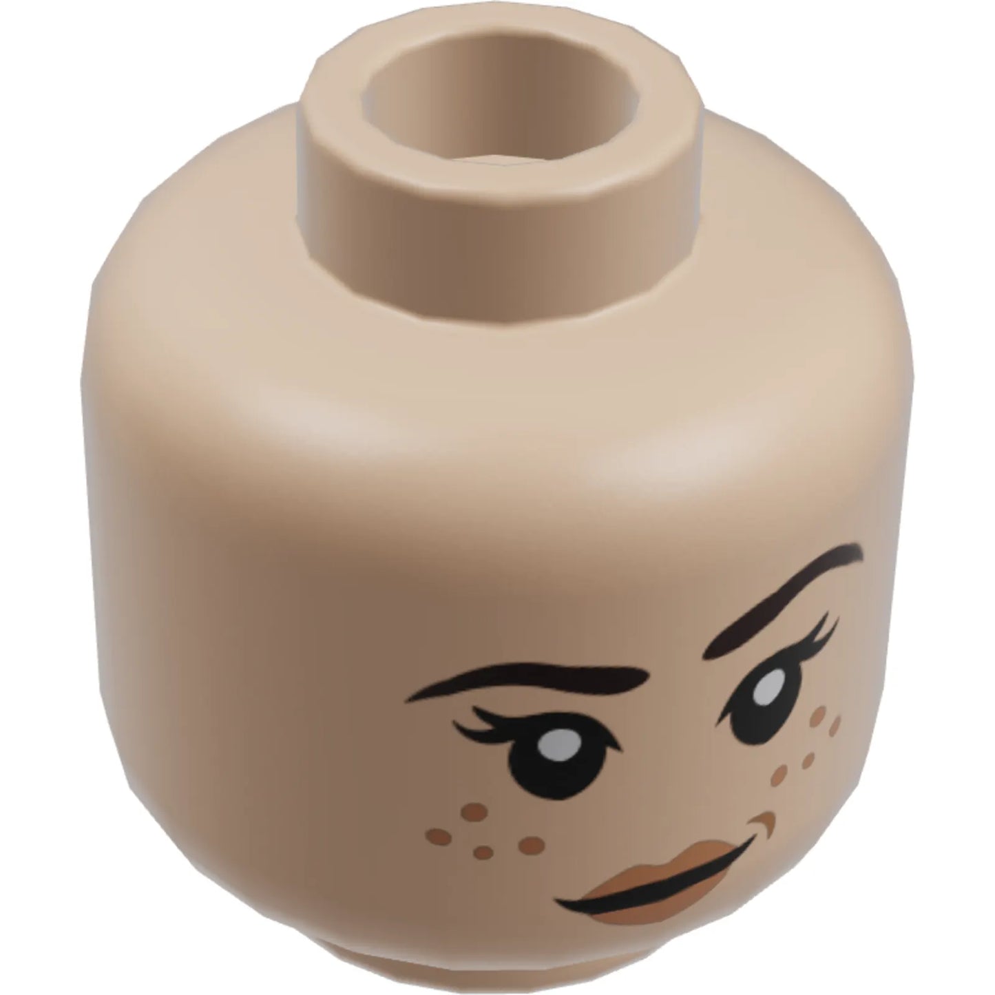 Part 3626cpb1795 - Minifigure, Head Dual Sided Female PotC Reddish Brown Eyebrows, Nougat Freckles and Lips, Slight Smile / Bared Teeth Angry Pattern - Hollow Stud